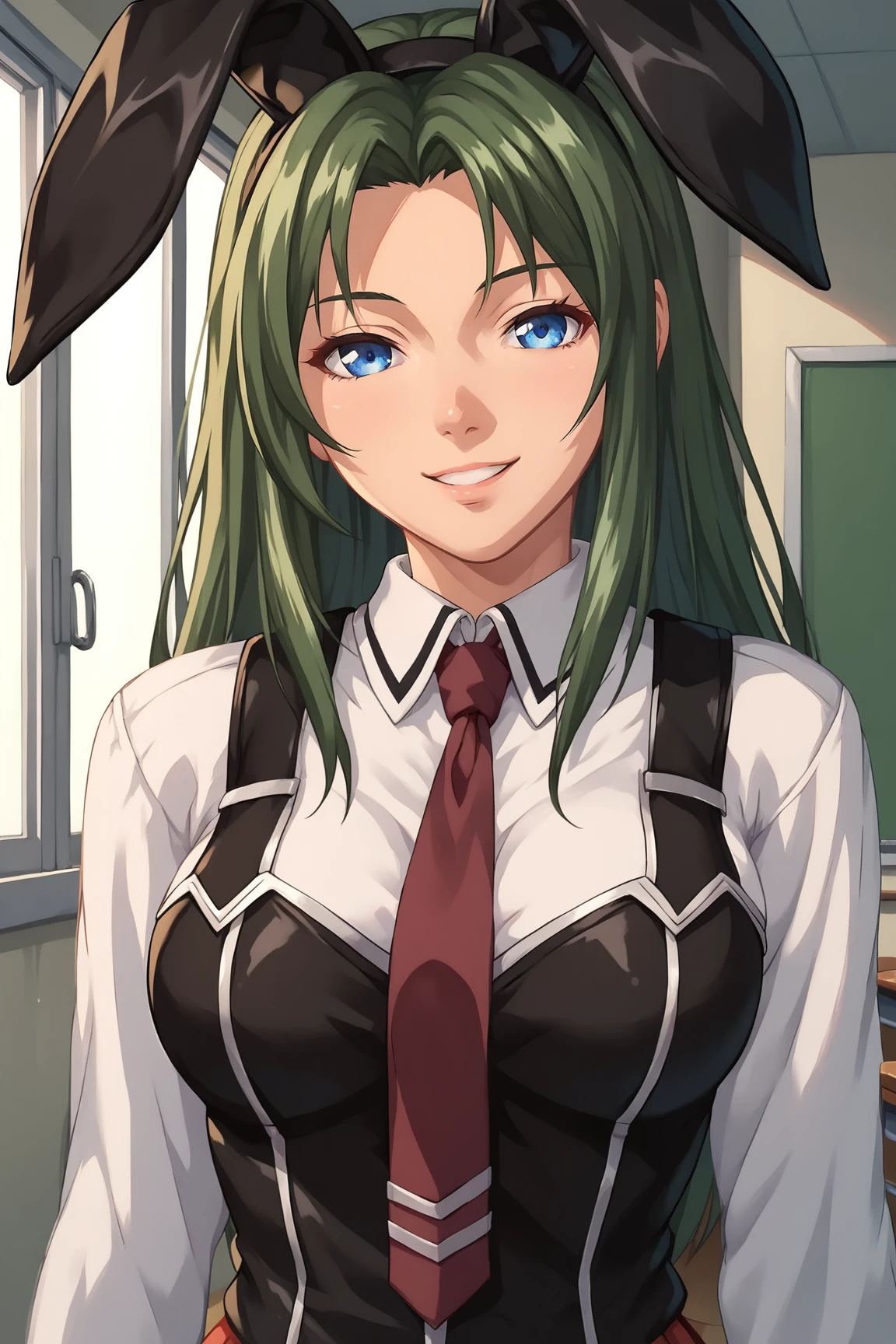 score_9, score_8_up, score_7_up, score_6_up, BREAK, MikaItoBBXL, blue eyes, green hair, long hair, parted bangs, black rabbit ears, medium breasts, school uniform, black vest, strap, white shirt, red necktie, solo, front view, (portrait, upper body), solo focus, seductive smile, looking at viewer, indoors <lora:MikaItoBBXL:1>