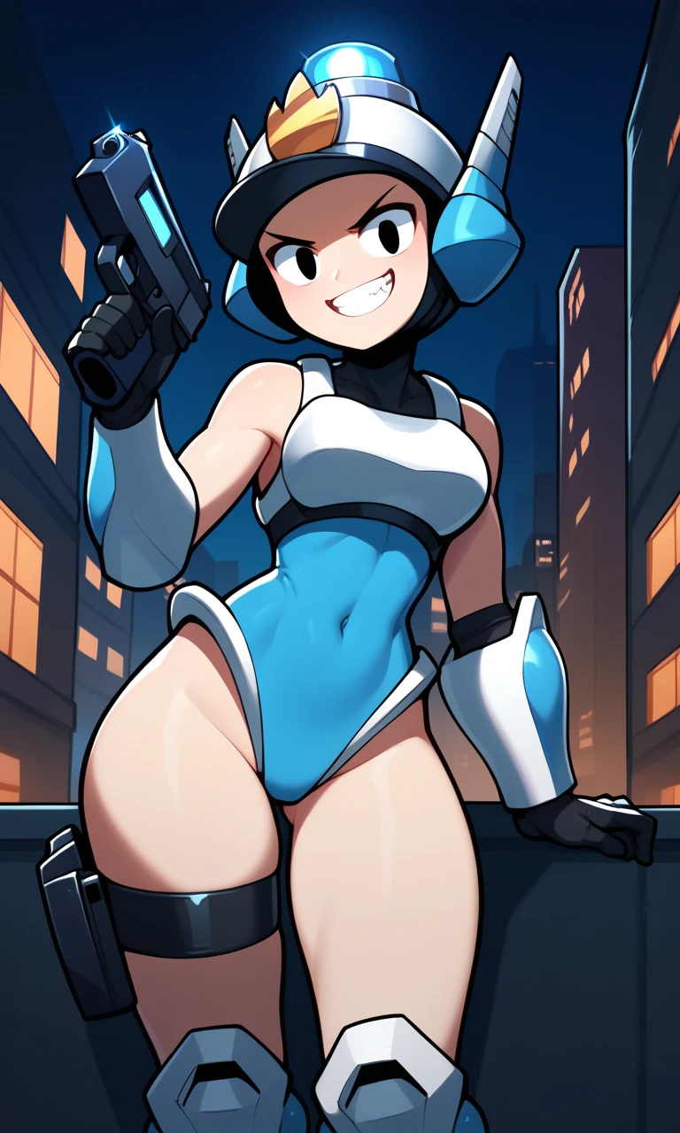 score_9, score_8_up, score_7_up, score_6_up, score_5_up, score_4_up, 1girl, solo, PattyWagon, blue highleg leotard, helmet, alarm siren, gauntlets, black gloves, zettai ryouiki, thick thighs, wide hips, white breastplate, black eyes, thigh strap, greaves, bare shoulders, city background, building, grin, night sky, dark, cartoon, holding pistol, gun