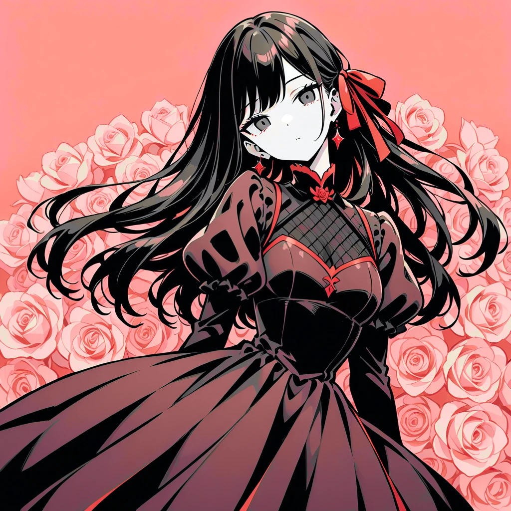 masterpiece, best quality, very aesthetic, absurdres, (flat color, limited palette:0.5), 
1girl,solo,black hair,long straight hair,(black eyes:1.1),black simple dress,black glove,hair ribbon,red ribbon,long dress,puffy sleeves,small breasts,black tights,posing,expressionless,jitome,head tilt, 
red rose background,pink background,<lora:Flowered_pattern:0.7>,<lora:marker:0.5>,<lora:Fixhands_anime_bdsqlsz_V1:1>,<lora:StS_age_slider_v1_initial_release:2>