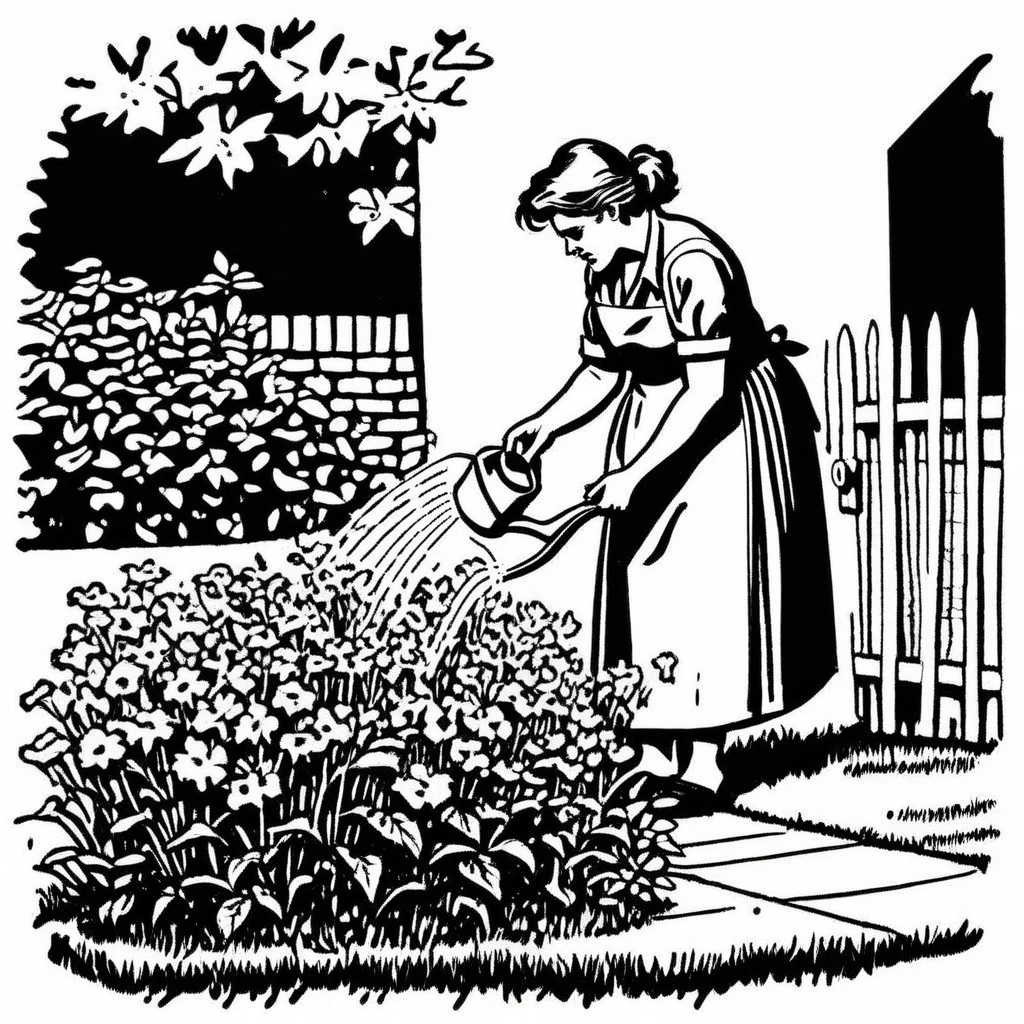 a detailed ink drawing of a woman watering flowers in the front yard, in the style of tcc_clipart