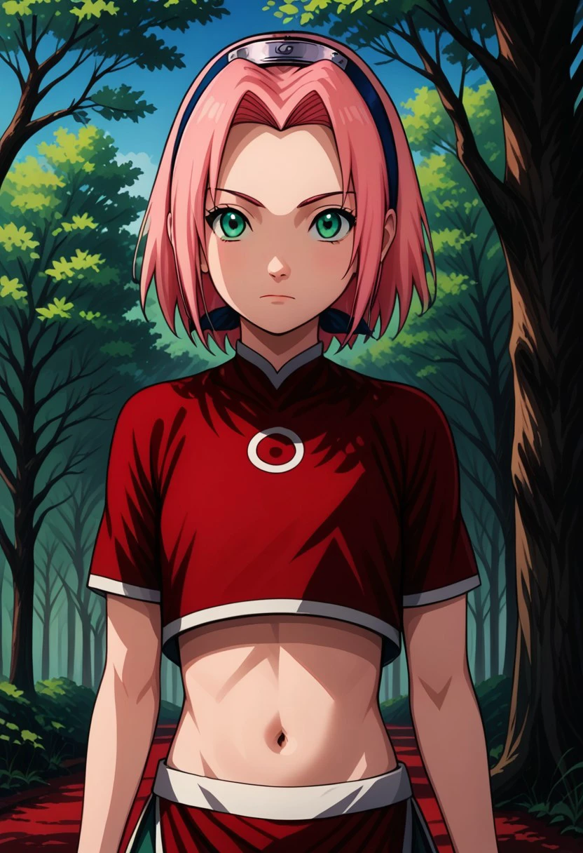 score 9, score 8 up, score 7 up,masterpiece_portrait, high quality, masterpiece_portrait, high quality, anime coloring, naruto, haruno sakura, solo, pink hair, navel, midriff, short hair, crop top, green eyes, outdoors, red shirt, tree, short sleeves, closed mouth, shirt, shade, forehead protector, hairband,