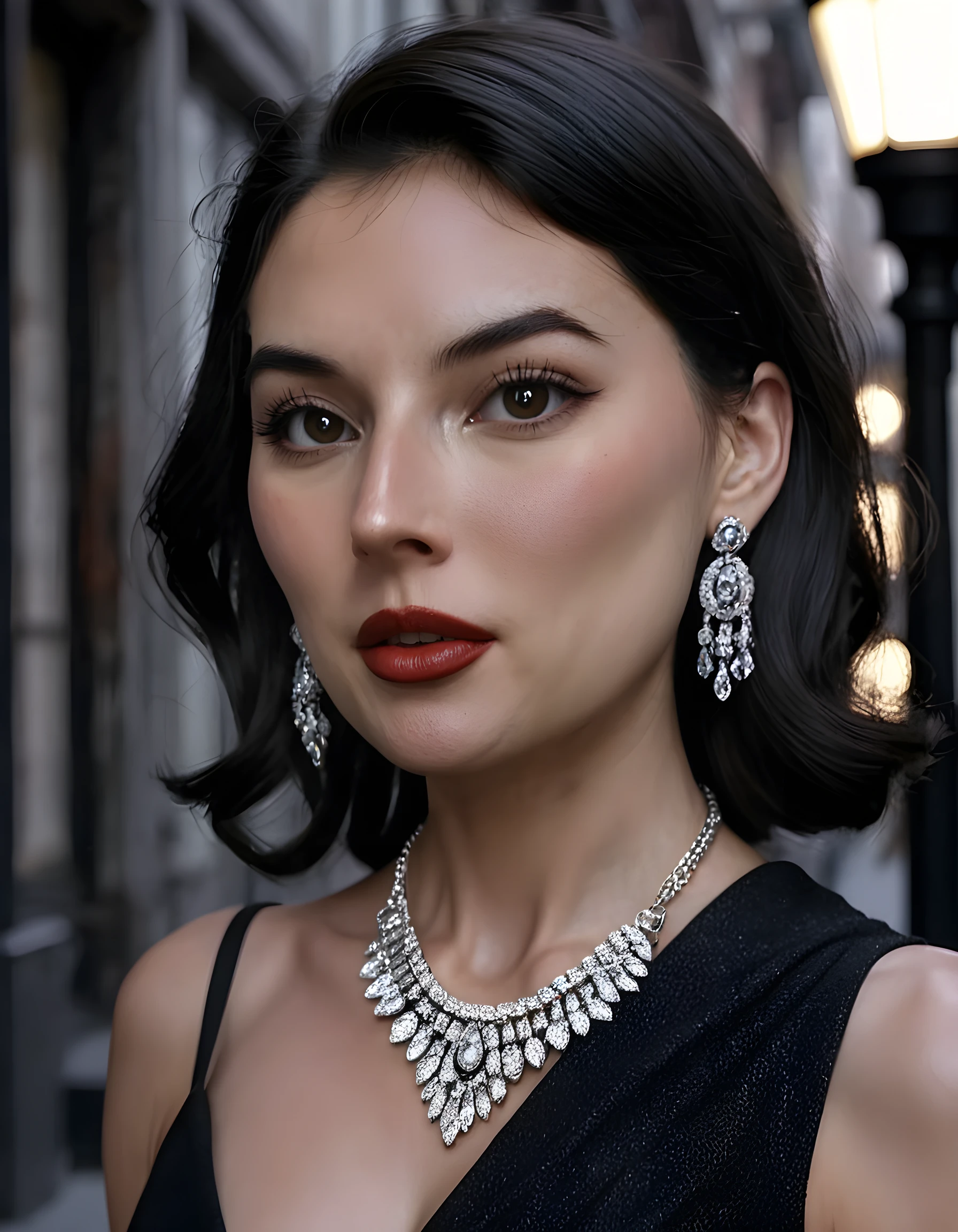 In a gritty, noir-inspired setting reminiscent of 1940s New York City, the camera captures a mesmerizing close-up portrait of D415YD4Y, a woman with brown eyes and black hair cascading down her shoulders. Her striking features are accentuated by bold, dramatic makeup: thick, dark eyeliner and deep red lipstick that contrast sharply against her pale skin. She wears an elegant yet edgy outfit - a sleek, form-fitting black dress adorned with intricate silver jewelry, including a statement necklace and large, sparkling earrings. The scene is bathed in the soft glow of a streetlamp, casting long shadows that dance across her face and emphasizing the sensual curve of her lips as she gazes intently into the camera, exuding an air of mystery and allure.