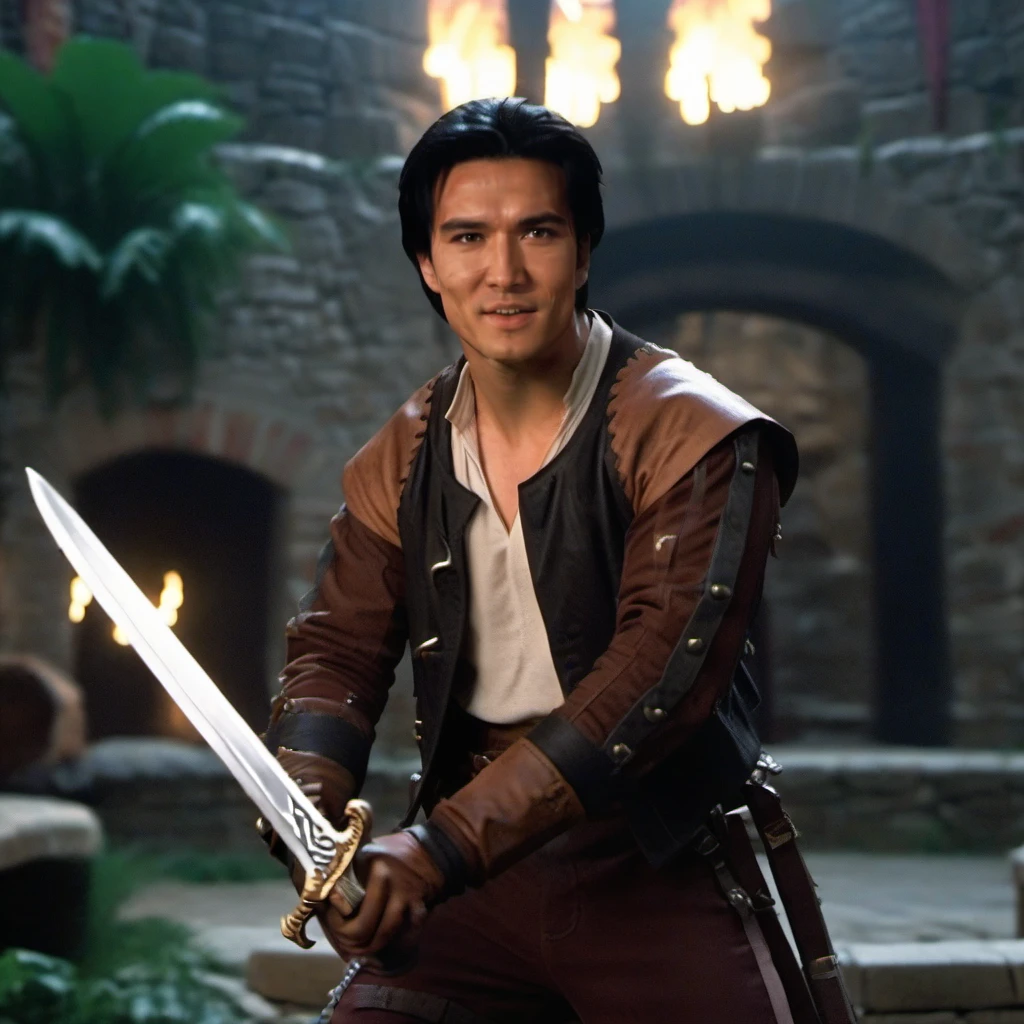 cinematic photo a man, black hair, jacket, leather, sword, dragon, donjon & dragon <lora:RidleyFreeborn1024:0.8> . 35mm photograph, film, bokeh, professional, 4k, highly detailed