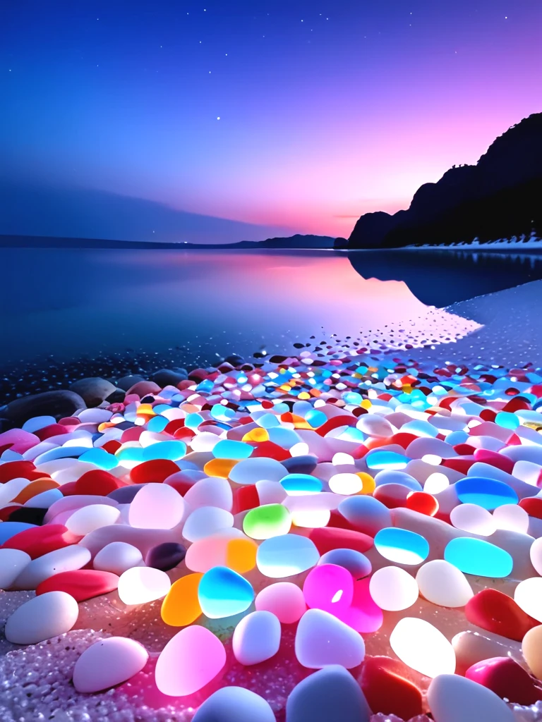 sexy glass beach, colorful pebbles, gemstone cobbles, crystal marbles, multiple colored transparent beads, glowing, sky, lake, scenery, night, starry sky, <lora:glassbeach_sdxl:1>