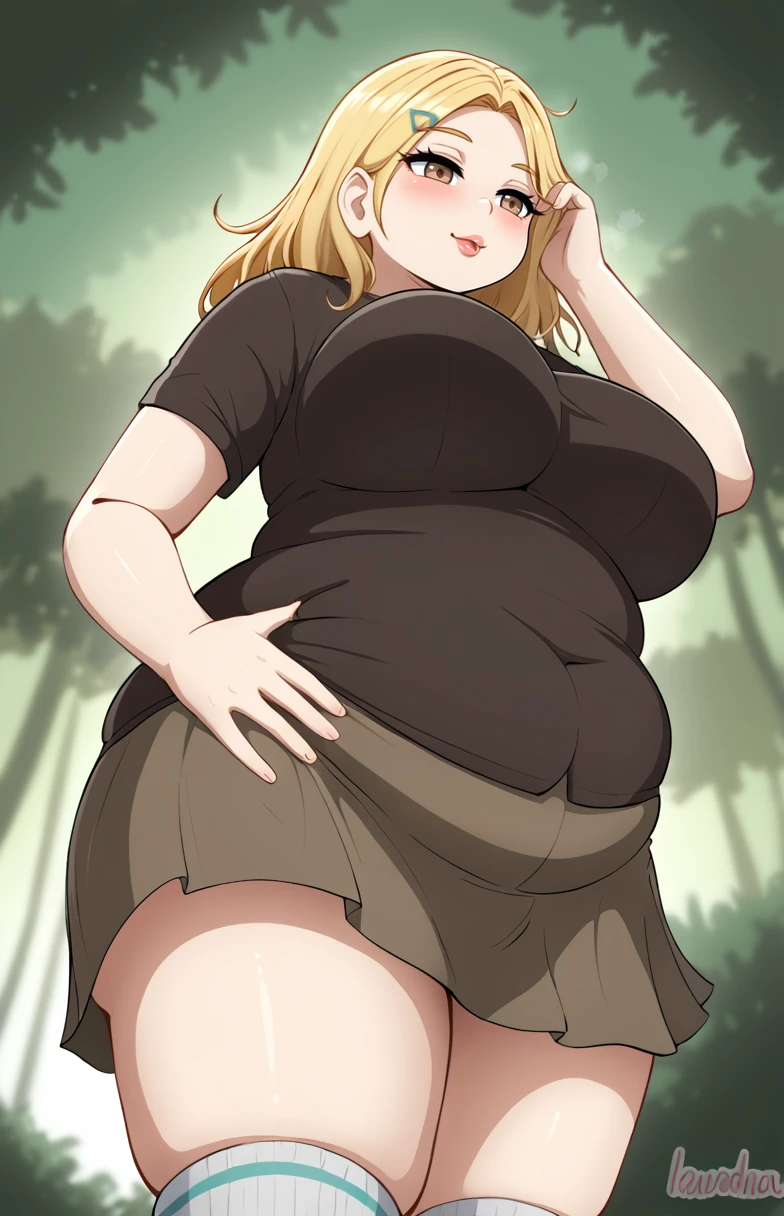 art by kipteitei, 1girl, tsunade, massive breasts, massive belly, wearing dark green underwear and green robe, chubby (best quality, masterpiece), laughing, wide hips, thick thighs, huge ass, enormous huge natural breasts, cleavage, mature mom, blush, sitting, pregnant