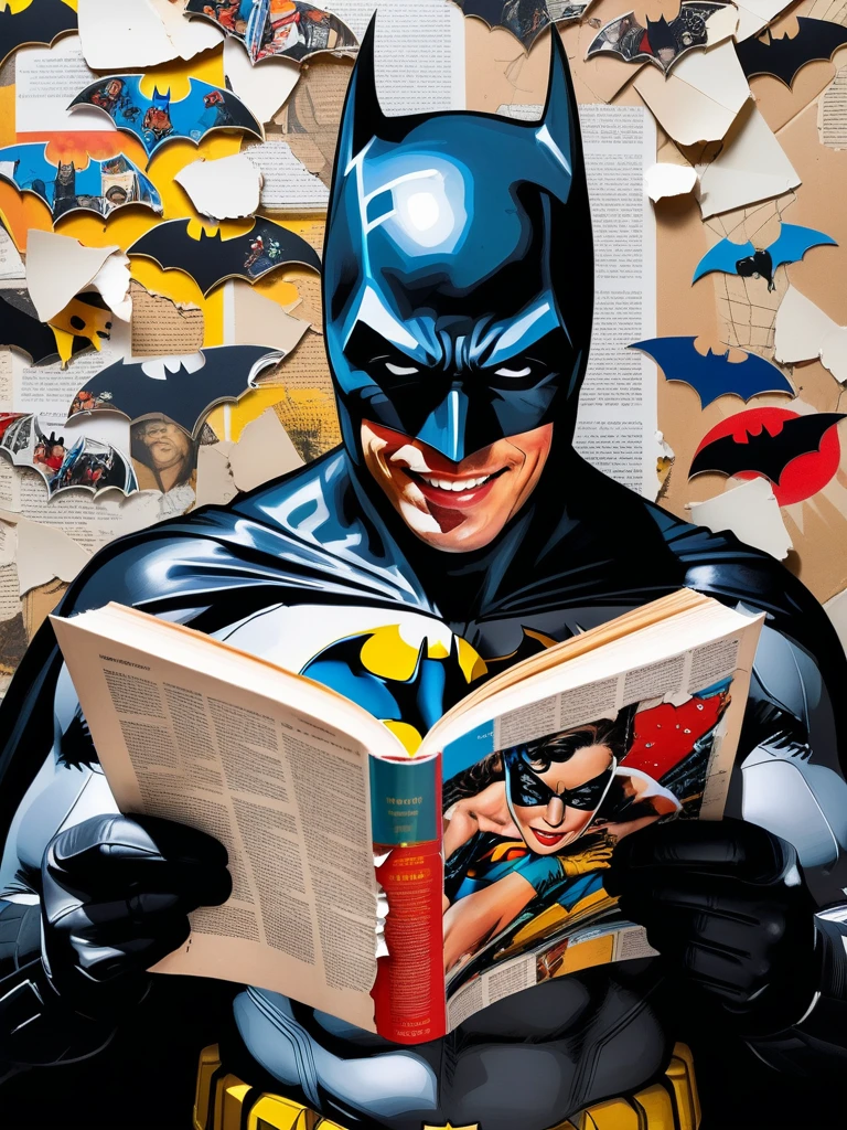 <lora:11VisualArt_Hap_XL:1.5>,Sandra Chevrier style,collage on face,torn paper effect  ,pop art, comic book, Batman, Robin, superhero, A man smiling while reading a book in a cozy room