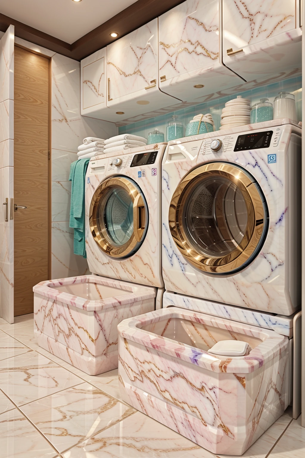 <lora:MarbleCeramicsWorld:1> MarbleCeramicsWorld washing machine in a laundromat