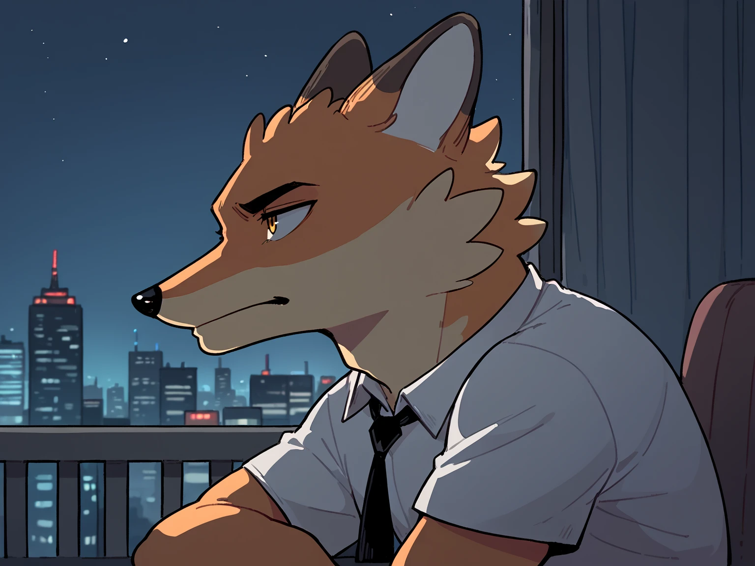 score_9, score_8_up, score_7_up, high quality, hires, furry, male, fox, Ron, solo, shirt, black necktie, looking at another, adult, <lora:Ron_r1-1.5:1>, night cityscape