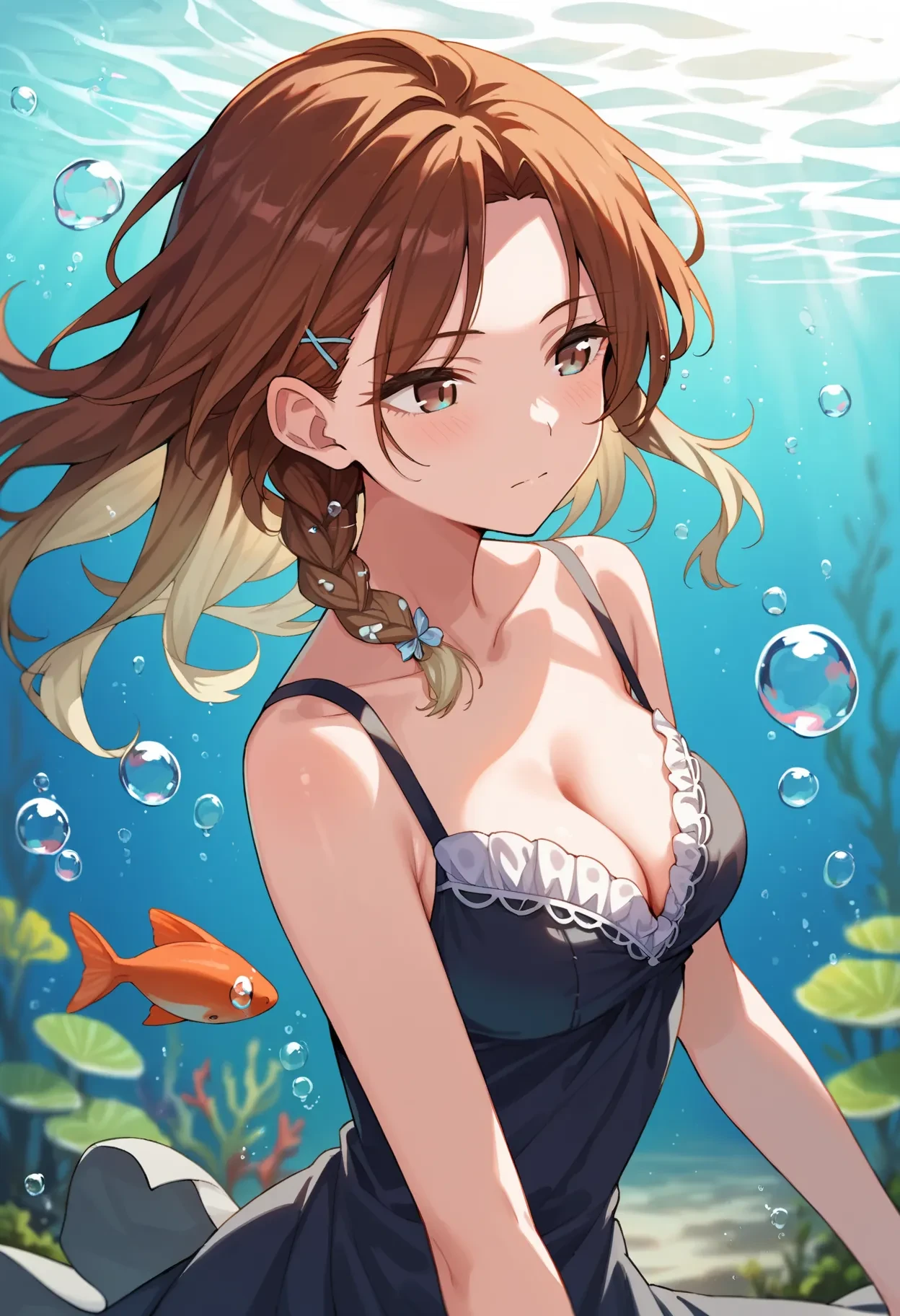 m_aketa, score_9, score_8_up, best quality,
1girl, air bubble, blurry, blurry foreground, blush, braid, breasts, bubble, cleavage, collarbone, dappled sunlight, depth of field, gradient hair, brown hair, blonde hair, looking away, medium breasts, multicolored eyes, multicolored hair, solo, sunlight, underwater, brown eyes, gradient eyes, hair slicked back
<lora:m_aketaXL_pony:1>