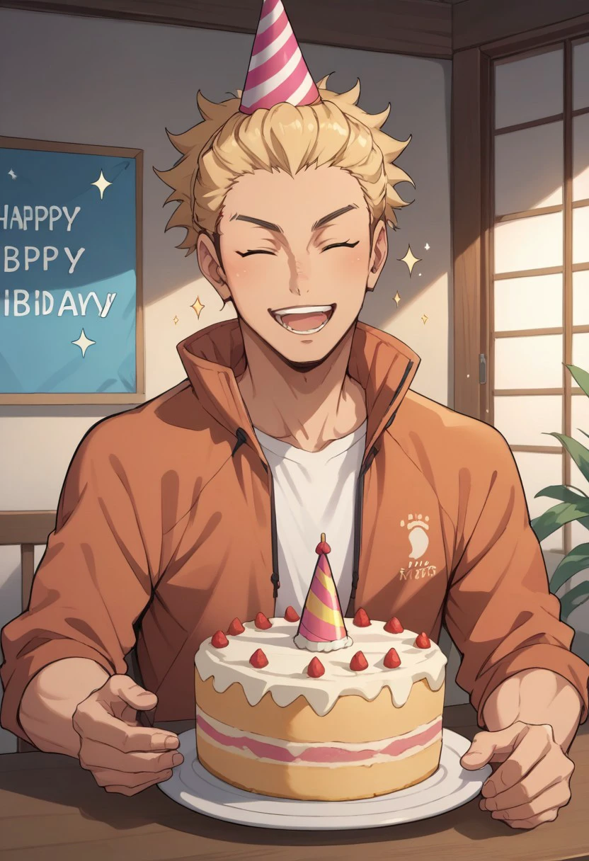 score_9, score_8_up, score_7_up, source_anime, rating_safe, sparkles effects, Ukaikyu, 1boy, male focus, closed eyes, casual clothes, party hat, open mouth, wide smile, teeth, upper body, hands with five fingers, happy birthday, cake on table, simple patterned background, cute wallpaper, happy-cheery,