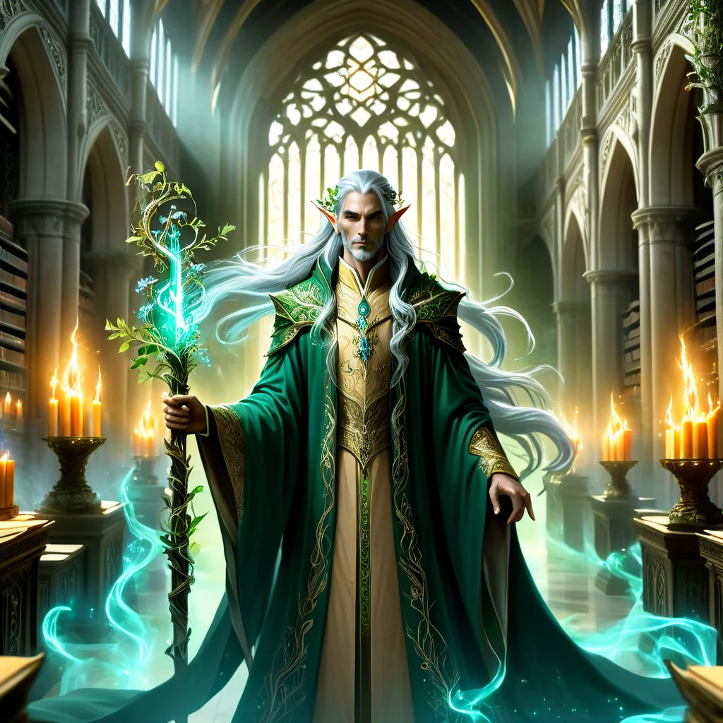 FFAOR, An ancient elven guardian stands proud within a massive library filled with glowing manuscripts and floating candles, They have long, flowing silver hair and pointed ears adorned with intricate gold earrings, Dressed in flowing robes richly embroidered with nature motifs, holding staff, holding weapon, staff covered in vines and flowers