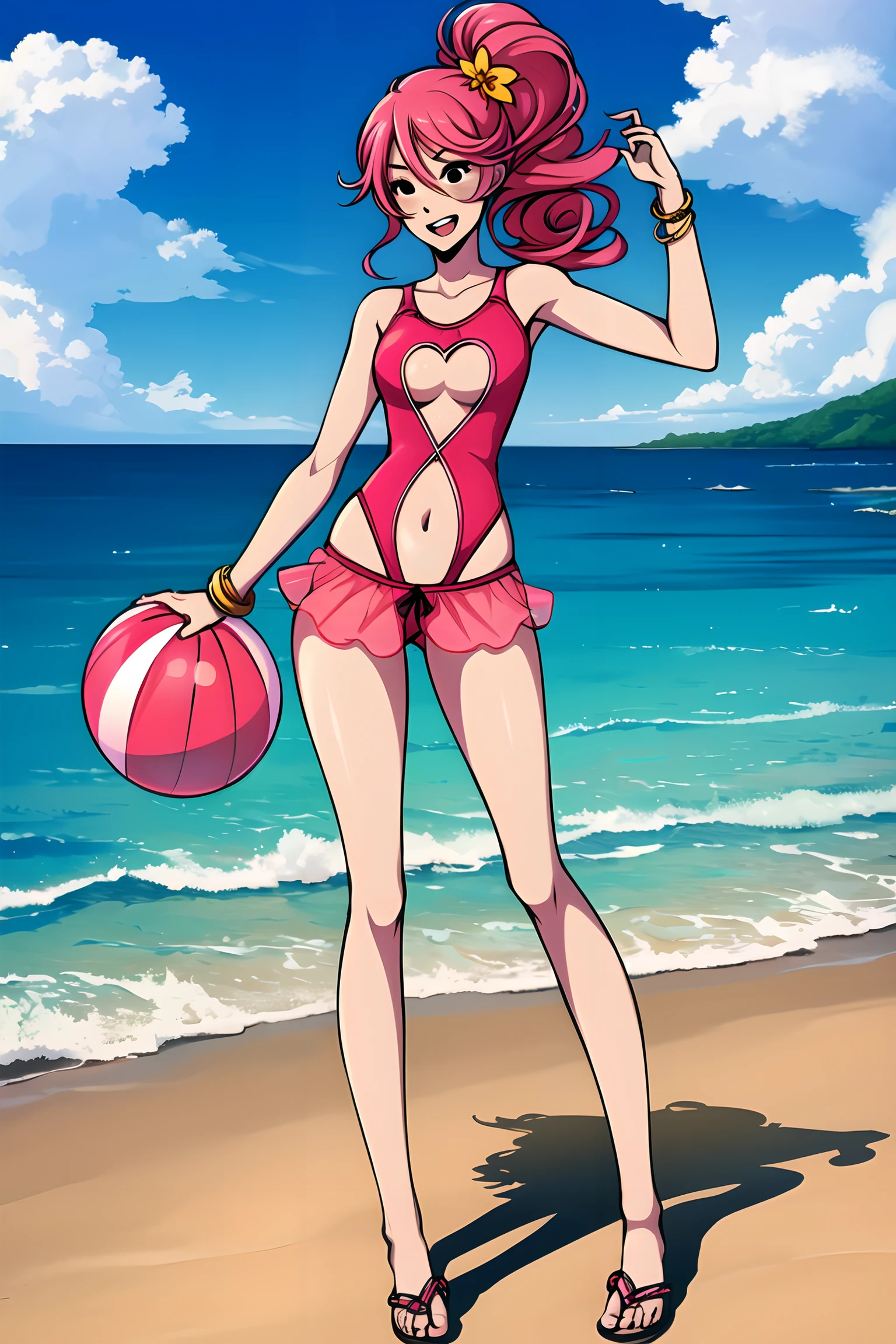 masterpiece,best quality,1girl,princesstoadstool,brown hair,long hair,blue eyes,crown,pink one-piece swimsuit,earrings,looking at viewer,solo,sea,sand,blue sky,tropical island backgroun,<lora:PrincessToadstool:1>,Cinematic Lighting,shiny,