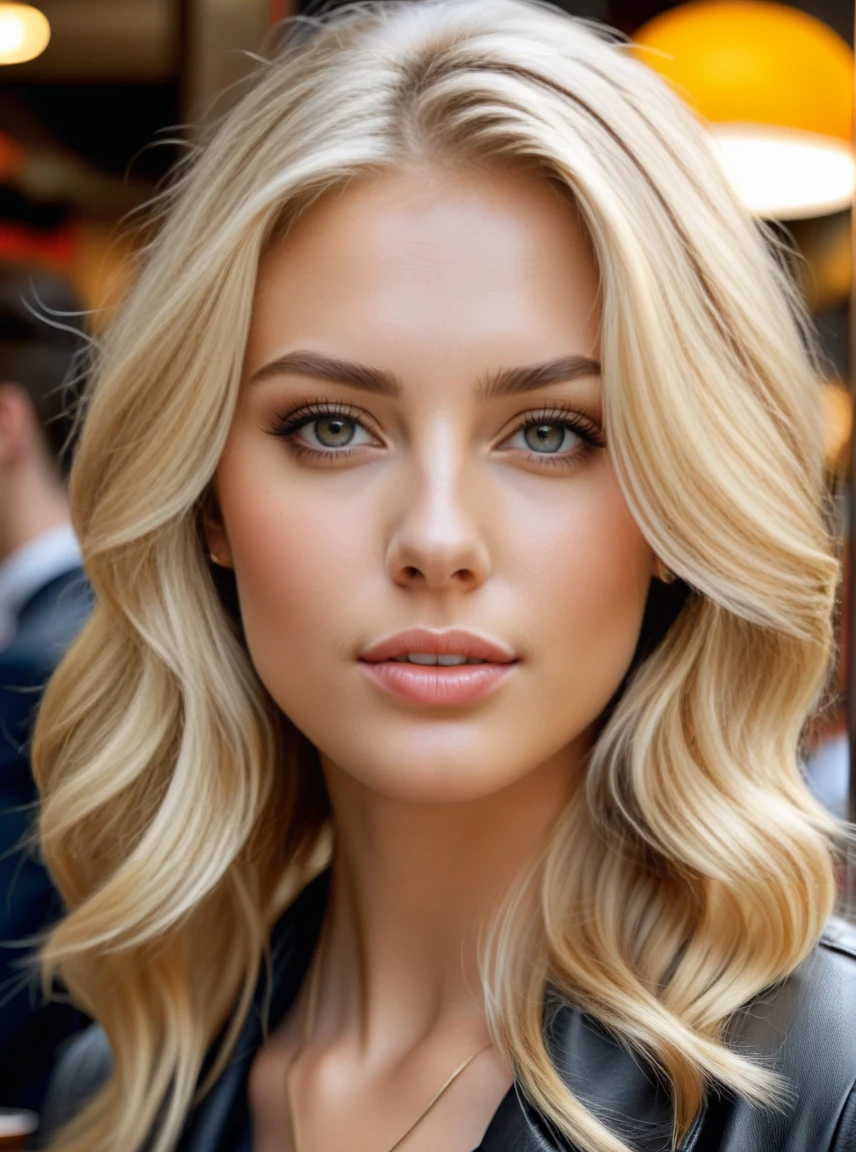 Hyperrealistic art hyper-realistic portrait of a upclose Photograph of a female, with blond hair standing in a cafe Highly detailed gorgeous face, perfect features . Extremely high-resolution details, photographic, realism pushed to extreme, fine texture, incredibly lifelike