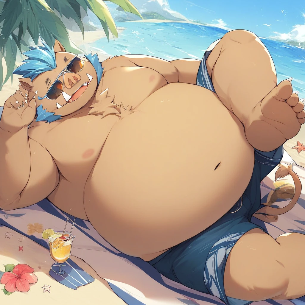 score_9, score_8_up, score_7_up, score_6_up, score_5_up, score_4_up, ganglie, housamo, anthro, pig, boar, fat, obese, light brown body, blue hair, five toes, outside, beach background, beach scenery, water, relaxing, laying down, looking at viewer, sunglasses, barefoot, wearing shorts