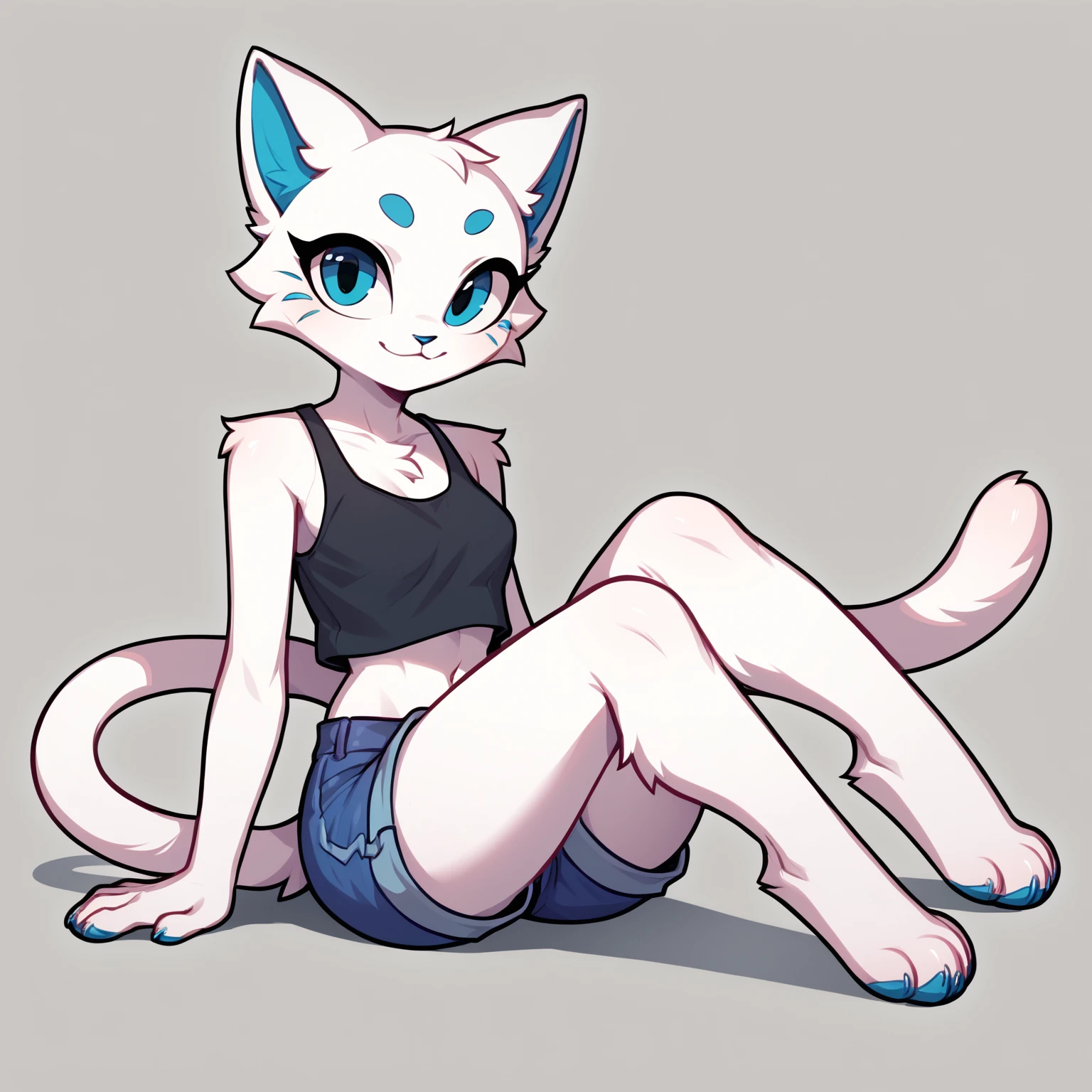 score_9, score_8_up <lora:Kerfus-PONY:0.8> kefus, anthro, furry, white fur, female, solo, full body, sitting, looking at viewer, tail, feline, tank top, cropped shirt, shorts