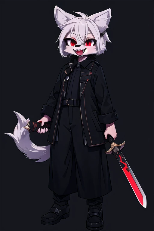 (masterpiece), daigaijindigitalStyle, 1anthro, black nose, canid, canine, canis, clothed, clothing, daigaijin, fangs, fur, grey body, grey fur, hair, hi res, looking at viewer, male, mammal, melee weapon, red eyes, solo, sword, teeth, vampire, weapon, white hair, wolf