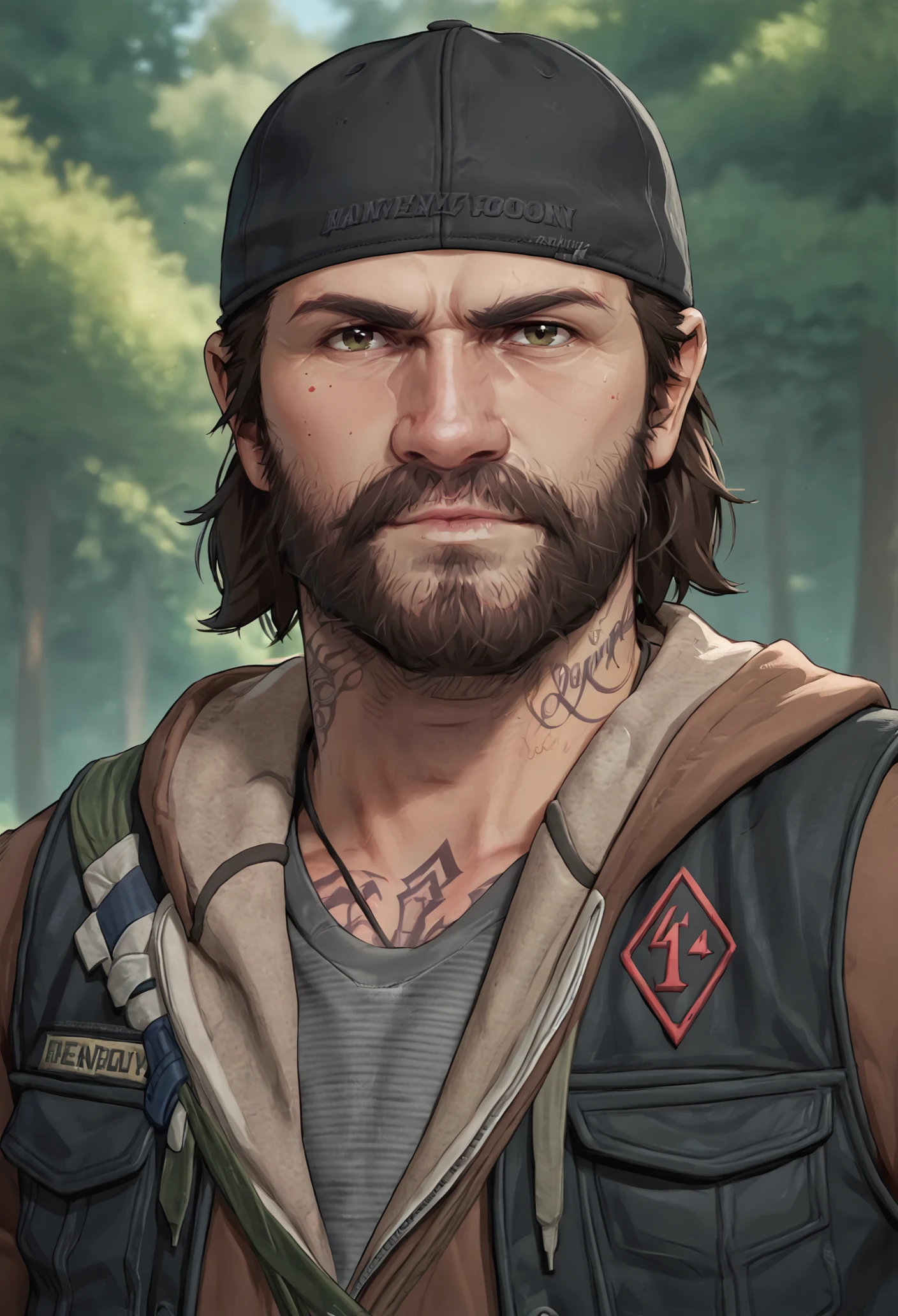 score_9, score_8_up, score_7_up, BREAK 1boy, solo, mature male, looking at viewer, upper body, muscular, portrait, closed mouth,
beard, mustache, short hair, black vest, brown hoodie, tattoo, baseball cap, backward hat,
standing, grey shirt,
outdoors, forest path, sunny,  <lora:Deacon_St._John:1>