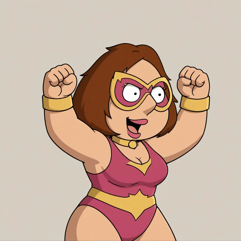 score_9_up, 1girl, solo, Meg, wrestling outfit, mask, leotard, wristbands, kneepads, cowboy shot, choker, cleavage, arms up, open mouth smile, cheering, cleavage, fist,