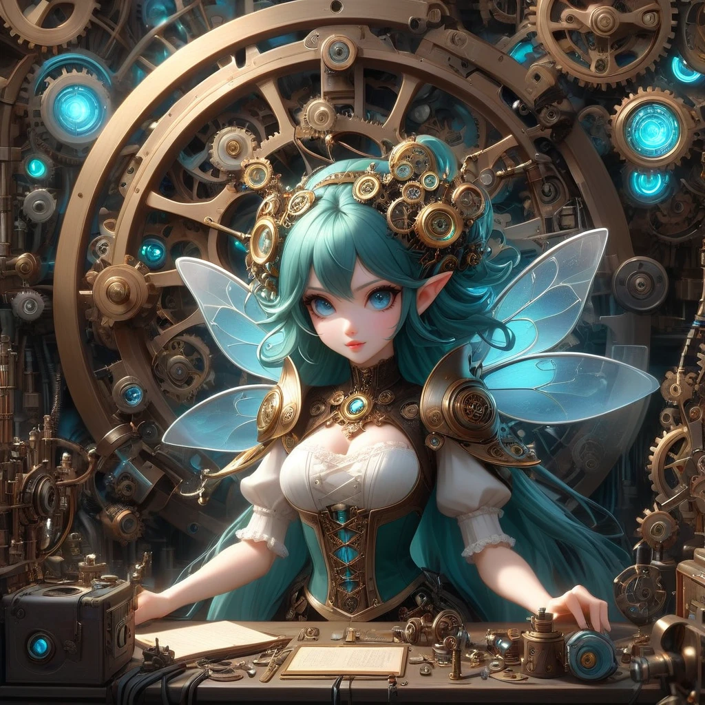 FFAOR, 1woman, A charming clockwork fairy, wings, a fantastical workshop, surrounded by intricate gears, gadgets, and magical contraptions, realistic anime