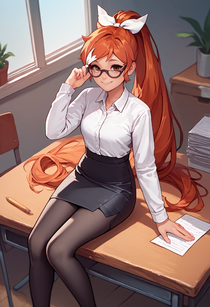 score_9, score_8_up, score_7_up, source_anime, solo, 1girl, crunchyroll-hime, smile, looking at you, sitting on table, high ponytail, hair bow, white bow, hair ribbon, glasses, white shirt, collared shirt, black skirt, pencil skirt, black pantyhose, indoors, office <segment:yolo-face_yolov8m.pt>