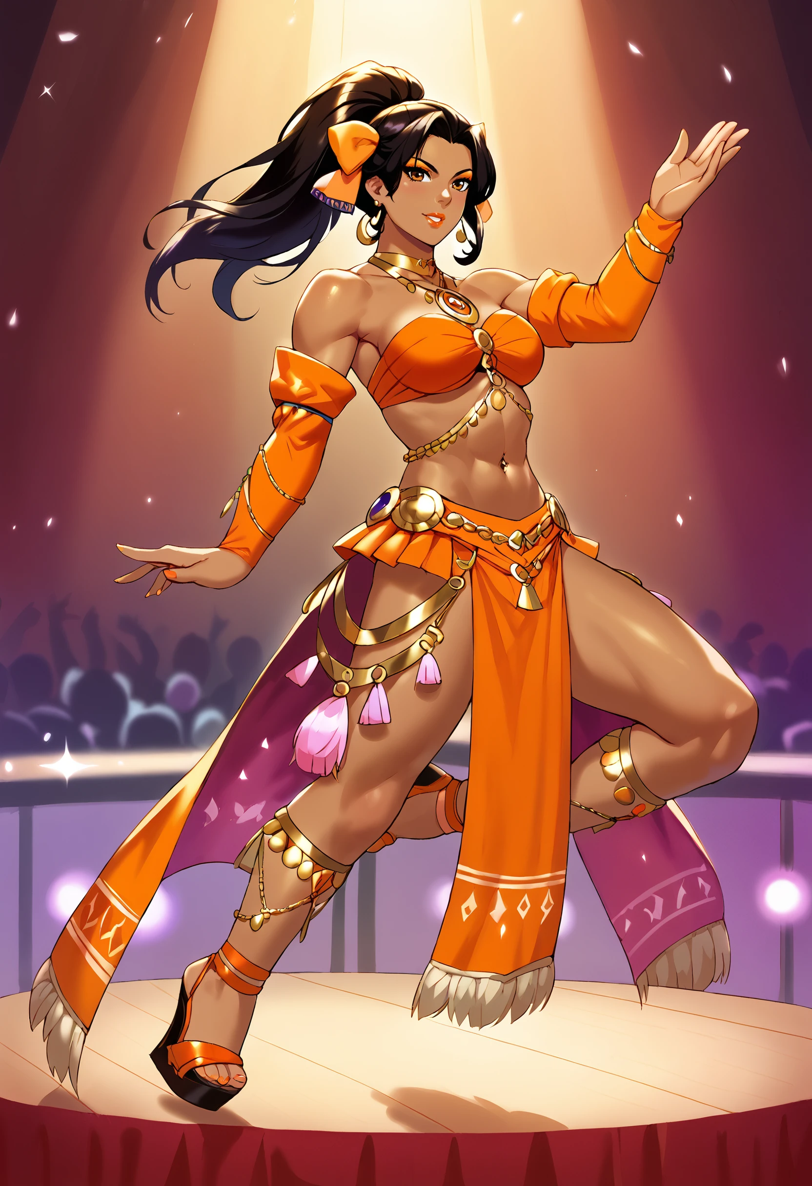 score_9, score_8_up, score_7_up, 1girl, solo focus,
BREAK <lora:Dancers_Attire:1> dncaf, bandeau, bridal gauntlets, pelvic curtain, orange bow, hair bow, jewelry, bare shoulders, navel, midriff, sandals, wedge heels,  (orange clothing:1.5), 
BREAK (dark-skinned female:1.5), muscular female, abbs, pastel eyeshadow, lipstick, 
dancing, floating, long hair, ponytail, leg up, nightclub, onstage, stage, stage lighting