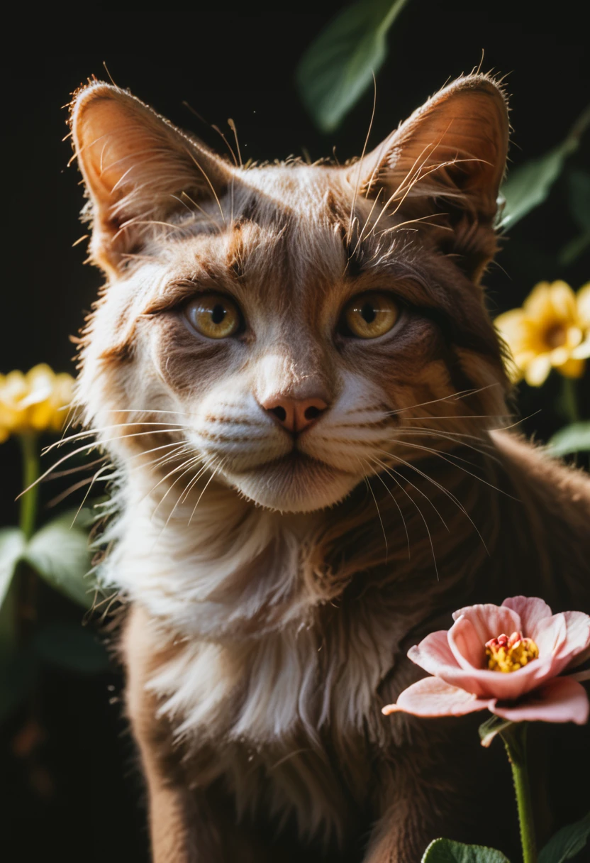 score_9, score_8_up, score_7_up, photo, saturated colors, (detailed, detailed fur texture:1.1), animal, cat, thick fur, Maine Cooon, stunning eyes, solo focused, portrait, close up, no humans, plant, red flower, pink flower, yellow flower, realistic, animal focus, dark background, muted colors