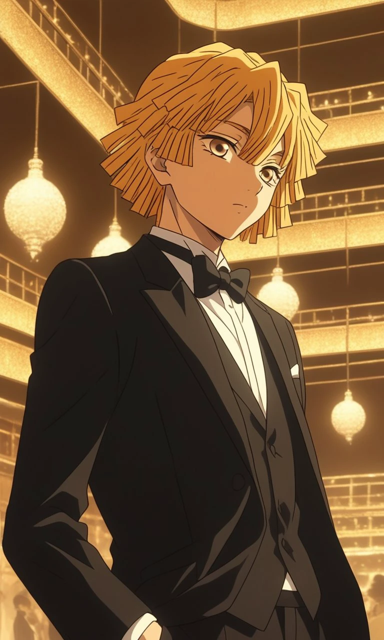 1boy, Zenitsu Agatsuma from Kimetsu no Yaiba, BREAK source_anime , best quality,   wearing a black tuxedo with a bow tie, formal setting,  elegant lighting, evening atmosphere, detailed background  ,  <lora:tuxedo:0.6>