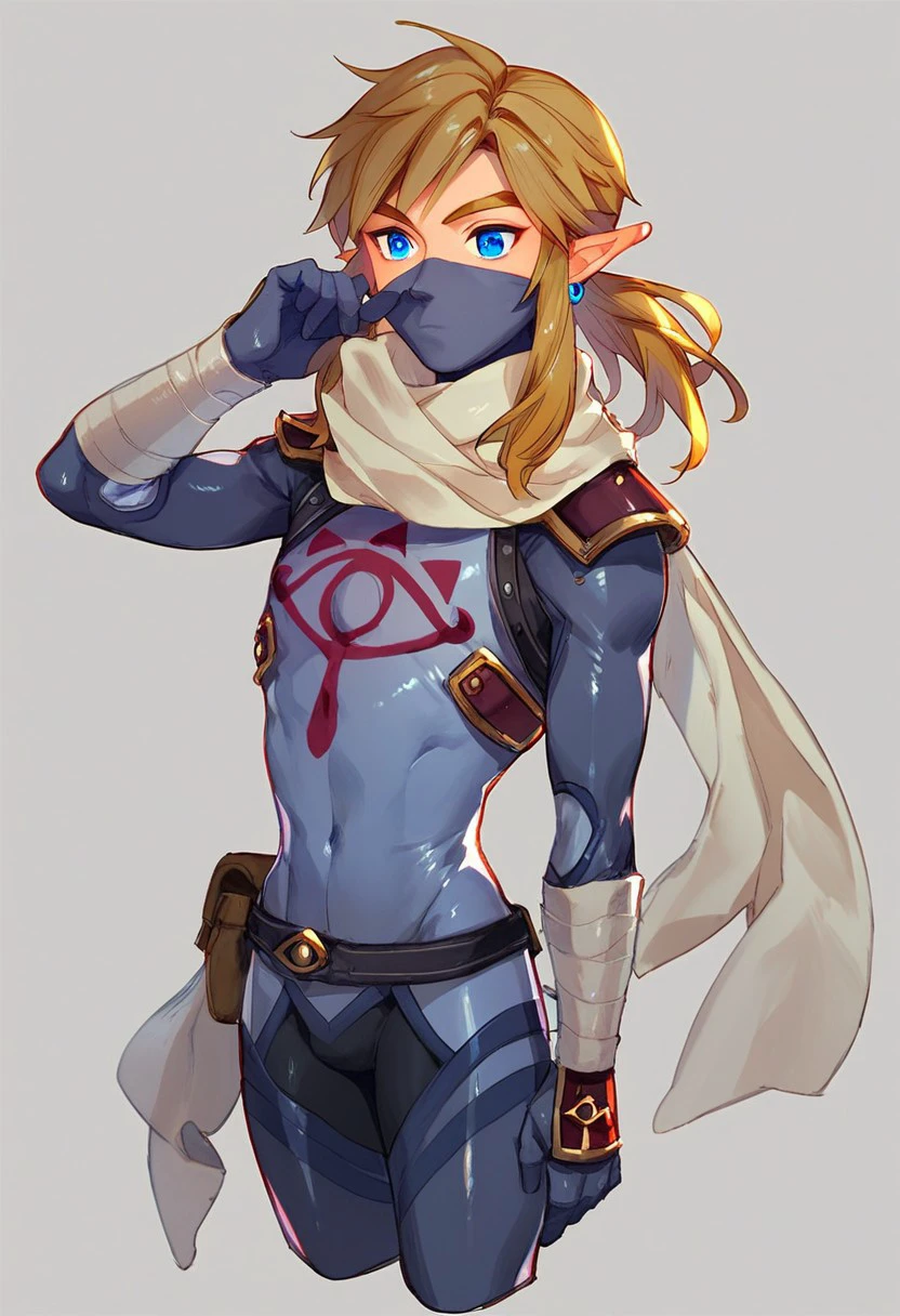 score_9, score_8_up, link, 1boy, bodysuit, long hair, blue eyes, mask, scarf