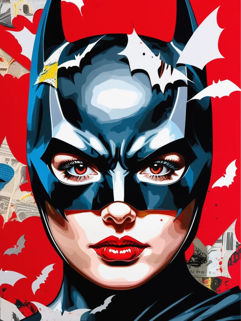 <lora:11VisualArt_Hap_XL:1>,Sandra Chevrier style,collage,torn paper effect ,pop art, comic book, Batman, Robin, superhero, red eyes, red background, 1girl, dark, horns