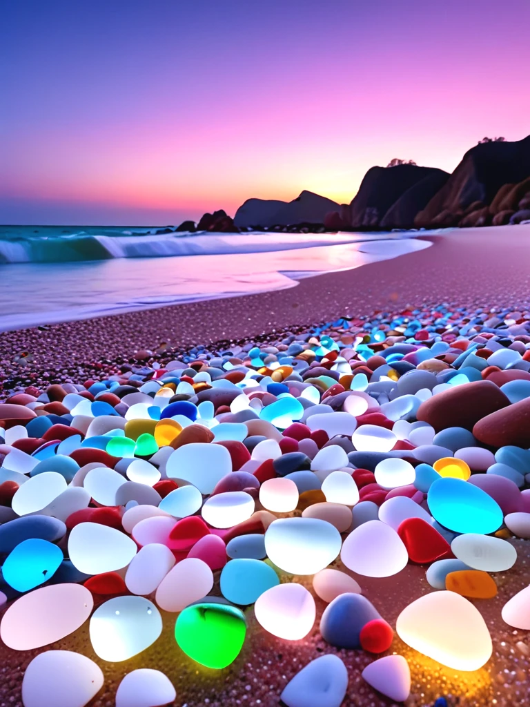 glass beach, colorful pebbles, gemstone cobbles, crystal marbles, multiple colored transparent beads, glowing, sky, water, scenery, <lora:glassbeach_sdxl:0.8>