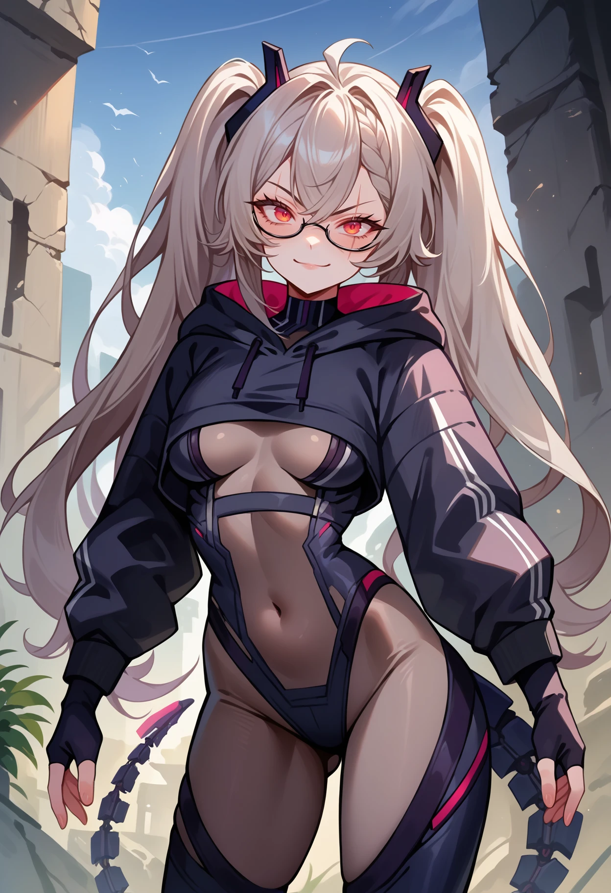 score_9, score_8_up, source_anime, 1girl, solo, SarueiDefault, grey hair, glasses, scar across eye, long hair, twintails, headgear, cropped hoodie, black hoodie, bodystocking, covered navel, covered cleavage, black bodysuit, power suit, fingerless gloves, mechanical tail, outdoors, smirk, ruins, <lora:ChamSarueiPonyXL:1>