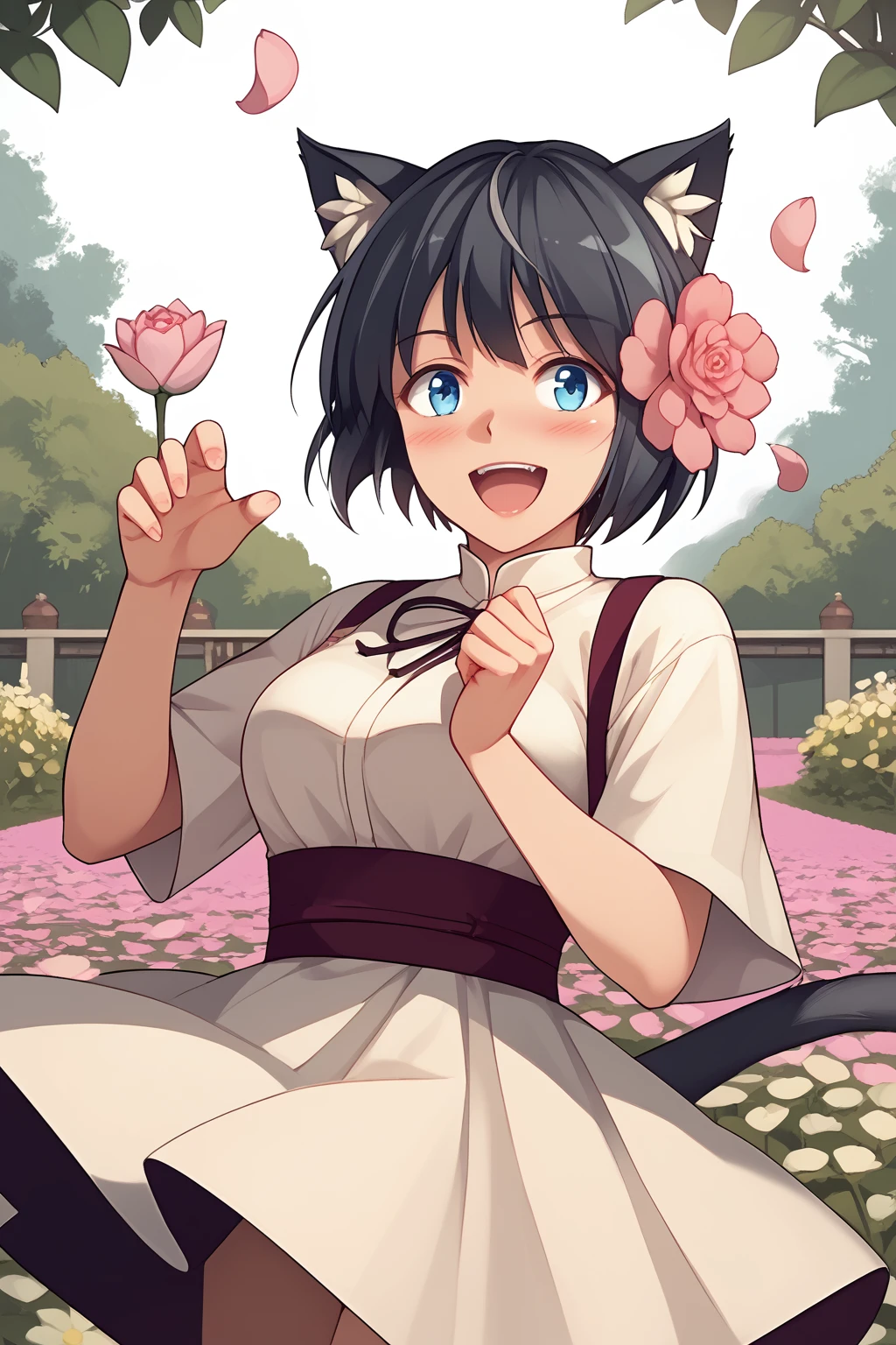 Ichigo, cat ear, cat tail, dimgrey hair, short hair, deepskyblue eyes, canines, white blouse, white micro skirt, (nsfw), (uncensored), (score_9), score_8_up, score_7_up, source_anime, cowboy shot, dynamic pose, Happy, Smile, Parted Lips, blush, ashamed, shy, sexy, charming, alluring, seductive, enchanting, erotic,
((outdoors)), ((flower garden)), ((flowers)), ((many flowers)), spring petals, petals of flowers, spring, falling petals, flying butterflies<lora:EMS-446378-EMS:1.000000>