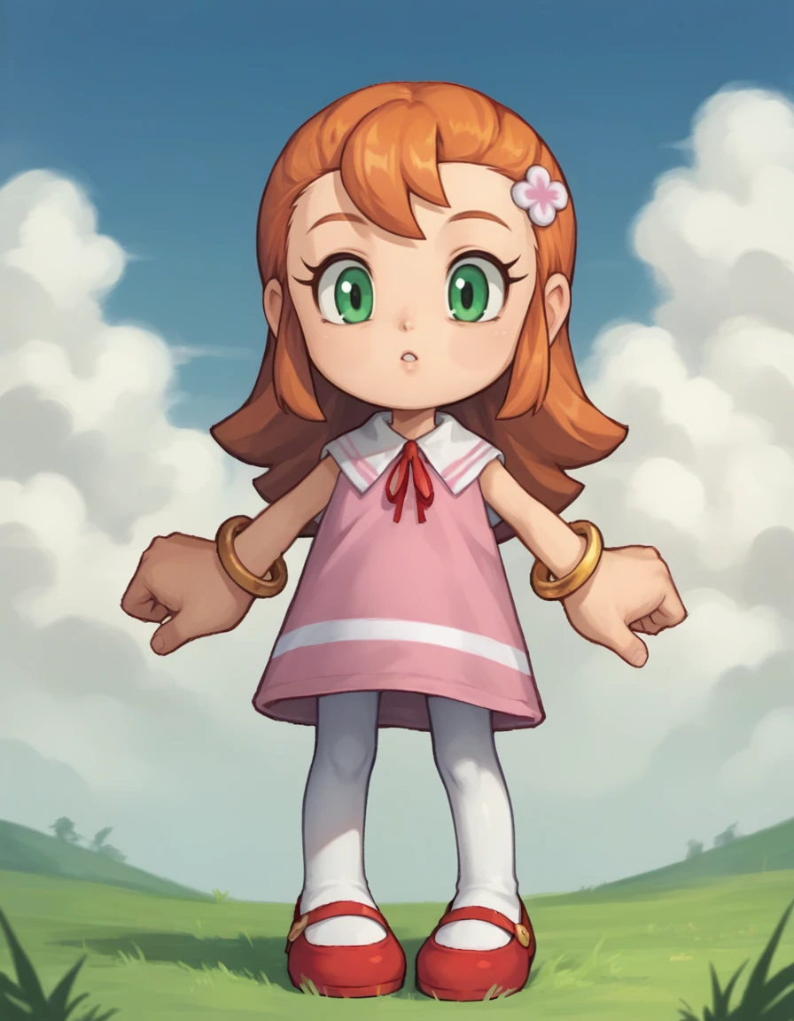 score_9, score_8_up, score_7_up, score_6_up, score_5_up, score_4_up, 1girl, solo, looking at viewer,
<lora:RollyRoll v1:0.8> rolly roll, orange hair, green eyes, long hair, child, hair between eyes, hair slicked back, pink dress, gold bracelet, white pantyhose, red footwear, mary janes, red ascot, white sailor collar, hair ornament, sleeveless,
grass, sky, cloud, archer pose