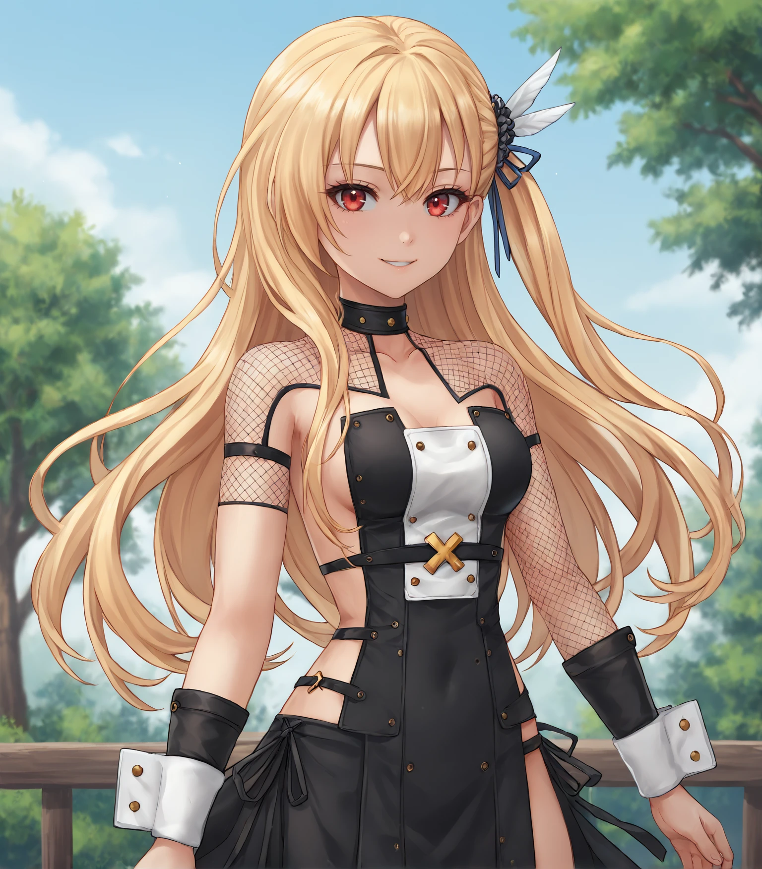 score_9, score_8_up, score_7_up, score_6_up, score_5_up, score_4_up, BREAK source_anime,
1girl, solo,  upper body, portrait  looking at viewer, smile, outdoors, sky, trees, 
<lora:Racoonkun_Artist_Style:0.6>, racoonsan,,  
 <lora:AlisaReinfordVOFAN:0.9>, Alisa Reinford, blonde hair, long hair, hair ornament, red eyes, medium breasts, black dress, wrist cuffs, fishnet top, black skirt, asymmetric legwear, side-tie panties, single thighhigh, black boots,