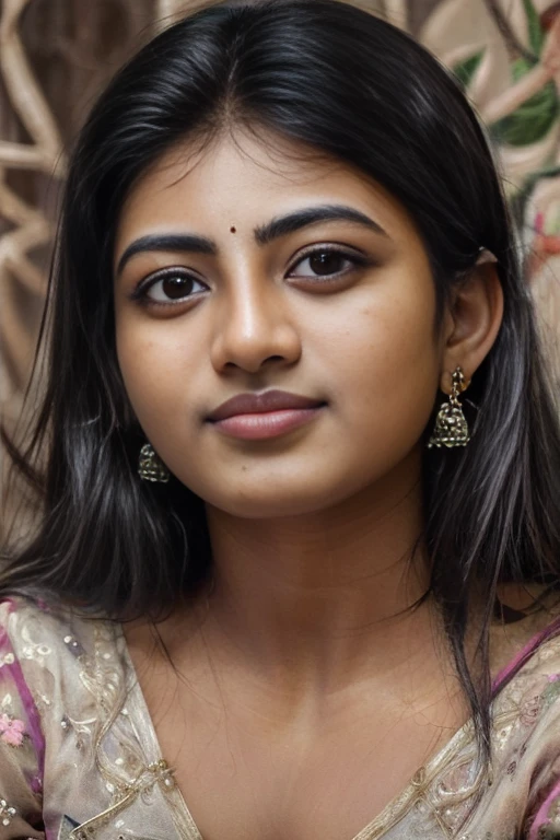 KayalAnandhi,<lora:KayalAnandhiSD1.5:1> A Photograph of a strikingly realistic female portrait showcasing intricate details, capturing the subject's serene gaze with a harmonious display of warm and cool tones.