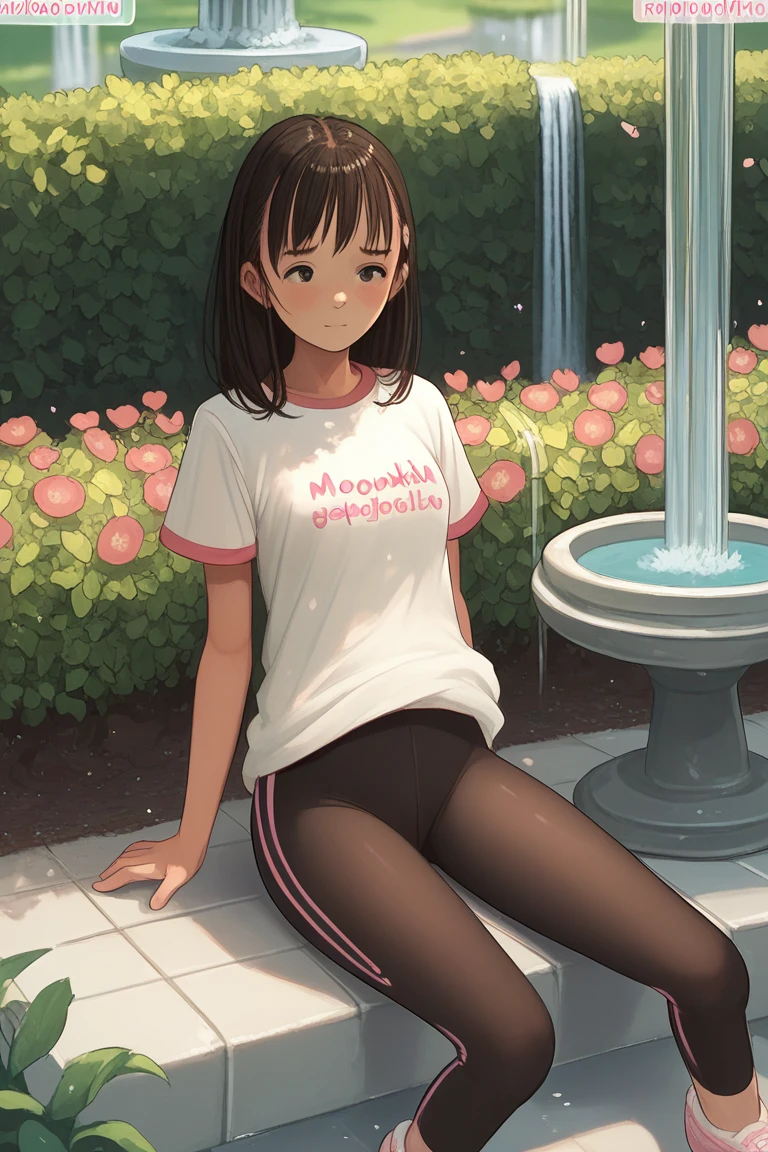 score_9, score_8, score_7, score_6, mokopekko, ,mokopekko Style, A teen girl in a red and white striped t-shirt and black leggings, practicing yoga in a peaceful garden, with a focused expression, surrounded by flowers and a fountain.