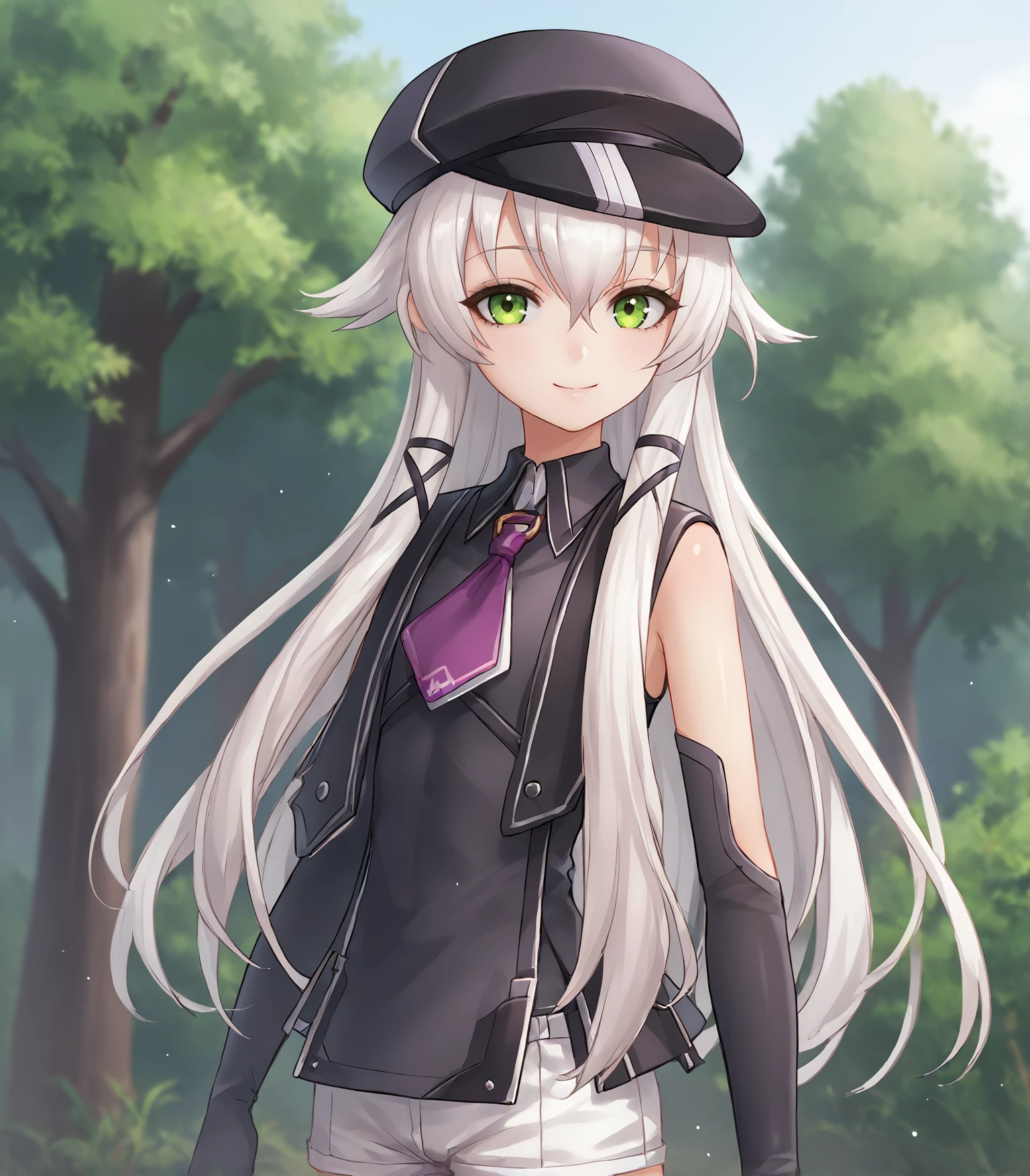 score_9, score_8_up, score_7_up, score_6_up, score_5_up, score_4_up, BREAK source_anime,
1girl, solo,  upper body, portrait  looking at viewer, smile, outdoors, sky, trees, 
<lora:Racoonkun_Artist_Style:0.6>, racoonsan,,  
 <lora:AltinaOrionCS4:0.9>, Altina Orion, white hair, long hair, sidelocks, green eyes, flat chest, cabbie hat, sleeveless black top, purple necktie, black elbow gloves, white shorts, black thigh boots,