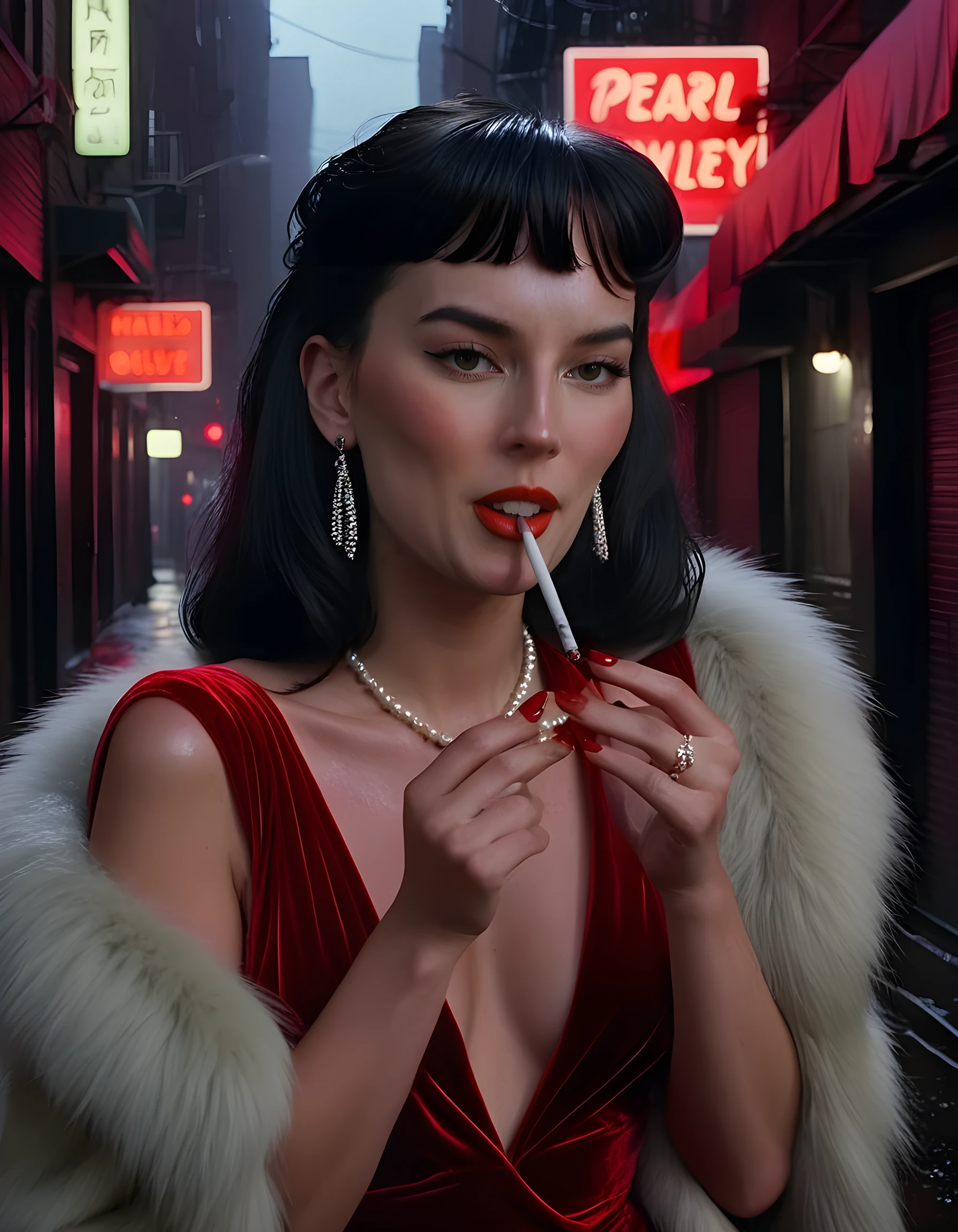 D415YD4Y, In a gritty, noir-inspired scene, set against the backdrop of a rain-soaked, neon-lit alleyway in 1940s New York City, a woman with black hair slicked back and bangs falling onto her forehead, adorned in a unique outfit that contrasts sharply with her surroundings - a red velvet dress, pearl jewelry, and a long fur coat draped around her shoulders, with her lips painted a bold, crimson red and her teeth glinting menacingly as she smokes a cigarette held between two fingers, looks directly into the camera with piercing brown eyes, her long hair flowing behind her in the wind, casting an enigmatic and confident air of power and danger.