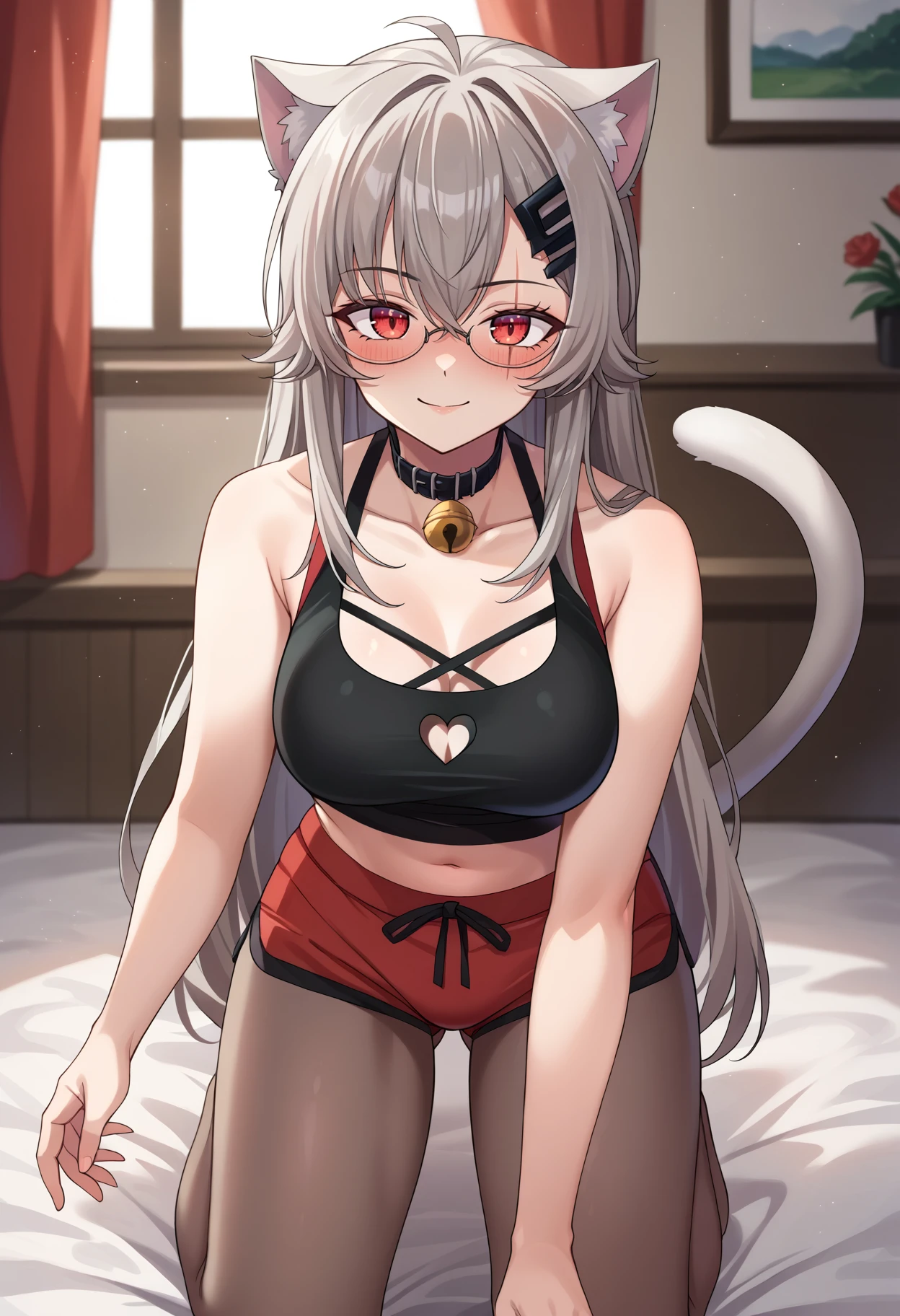 score_9, score_8_up, source_anime, 1girl, solo, SarueiCasual, grey hair, animal ears, glasses, scar across eye, long hair, hairclip, black collar, neck bell, black tank top, heart cutout, cleavage, midriff, red shorts, black pantyhose, cat tail, indoors, seiza, kneeling, on bed, blush, smile, <lora:ChamSarueiPonyXL:1>