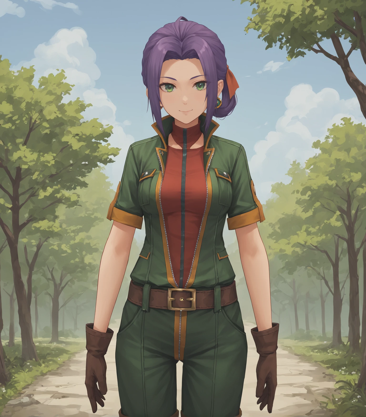 score_9, score_8_up, score_7_up, score_6_up, score_5_up, score_4_up, BREAK source_anime,
1girl, solo, cowboy shot looking at viewer, smile, outdoors, sky, trees,
<lora:Ashleigh:0.9>, Ashleigh, purple hair, parted bangs, hair ring, green eyes, medium breasts, green jumpsuit, open clothes, red shirt, belt, gloves, boots,