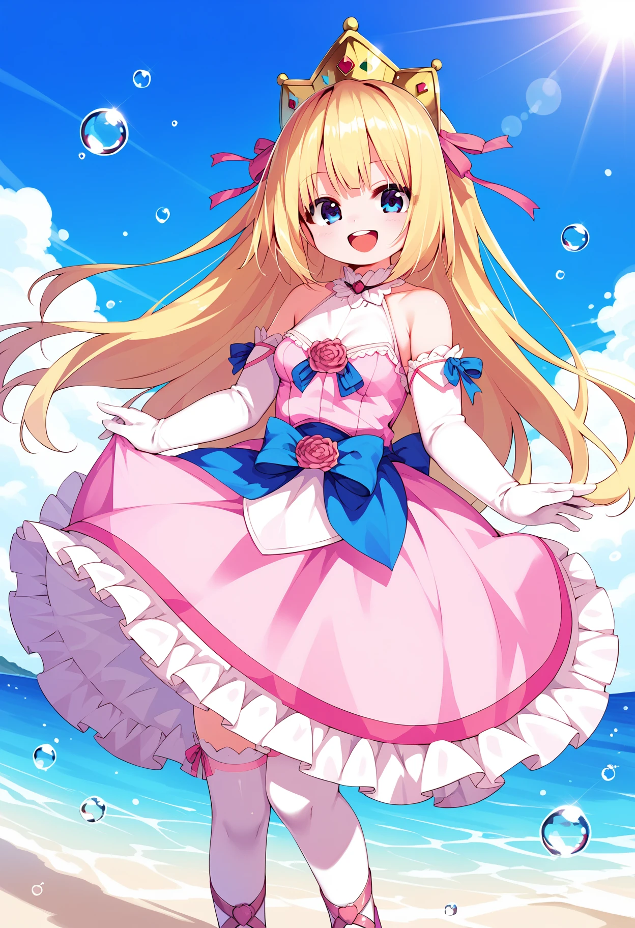 score_9, score_8_up, score_7_up,source_anime,rating_explicit,uncensored,anatomically correct,best perspective BREAK
1girl, solo, <lora:PrincessRutee:1>  rutee, blonde hair, long hair, blue eyes, thighhighs, dress, pink dress, crown, gloves, elbow gloves, white gloves, ribbon, detached sleeves, pink footwear, 
happy, by beach, upper teeth only, water drop, ocean, sunlight,