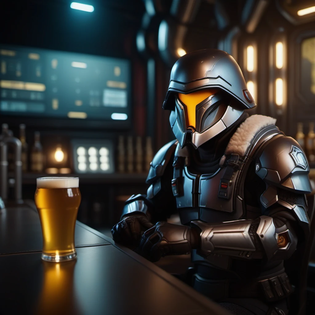 cinematic photo man wears dark armor and helmet, science fiction, having a beer in a pub  <lora:NodArmor1024:0.8> . 35mm photograph, film, bokeh, professional, 4k, highly detailed