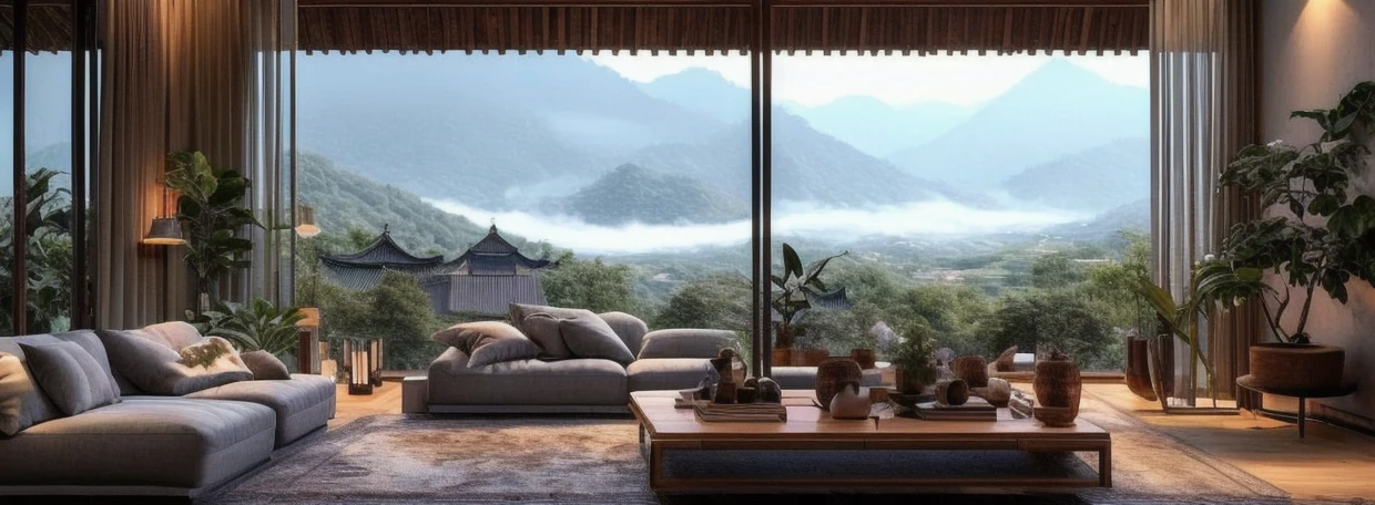 interior, scenery, no humans, gray velvet couch, cozy atmosphere, gray velvet pillows, lighting, plant, tree, architecture, Chinese architecture, indoors, cup on wooden table, pillow, building, nature, potted plant, window, lamp, wooden floor, plants, creamy style, <lora:Utopian Rustic Chinese Interior:1>, (masterpiece),(high quality), best quality, super detailed, (full detail),(4k),8k, scenery