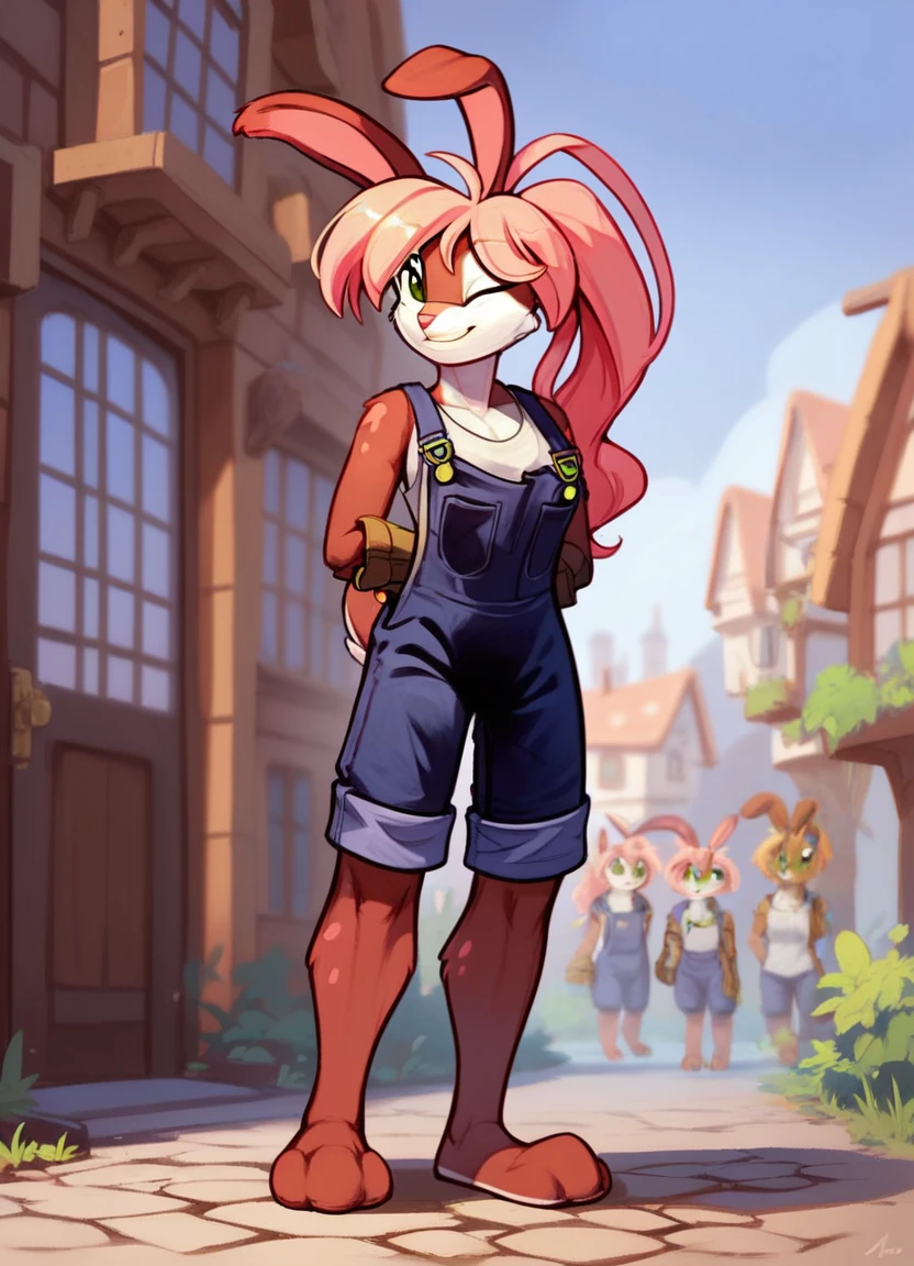 score_9, score_8_up, score_7_up, score_6_up, 1girl, solo, ((h4l3y, anthro, female, rabbit, lop ears, green eyes, pink hair)), hands behind back, smiling, one eye closed, standing, full body portrait, overalls, shirt, gloves, ((village background)) <lora:Haley_Elysian_Tail_for_Pony>