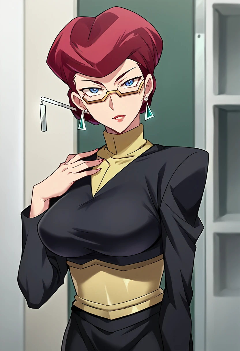 score_9, score_8_up, score_7_up, source_anime, masterpiece, 1girl, ct_sc4rlet, red hair, short hair, hair bun, hair stick, large breasts, semi-rimless eyewear, earrings, black uniform, black pencil skirt, underbust, long sleeves, looking at viewer, indoors, cowboy shot, upper body, hand up,