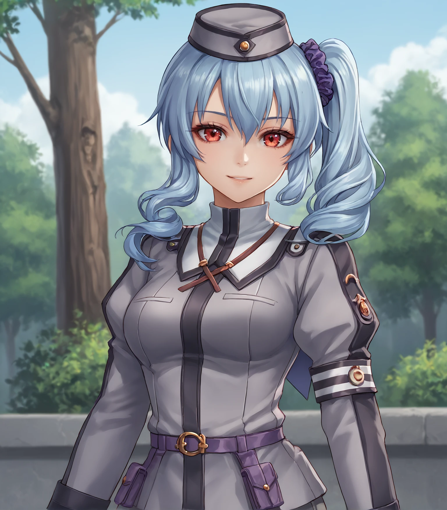 score_9, score_8_up, score_7_up, score_6_up, score_5_up, score_4_up, BREAK source_anime,
1girl, solo,  upper body, portrait  looking at viewer, smile, outdoors, sky, trees, 
<lora:Racoonkun_Artist_Style:0.6>, racoonsan,,  
 <lora:ClaireRieveldtRMP:0.9>, Claire Rieveldt,  blue hair, side ponytail, scrunchie, red eyes, medium breasts,  garrison cap, grey headwear, grey military uniform, grey pants, purple belt, brown boots,