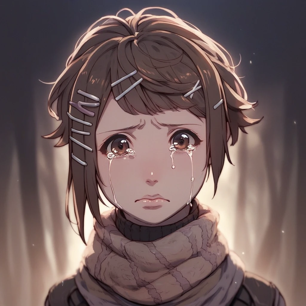 score_9, score_8_up, score_7_up, score_6_up, Zuru, Blame!, 1girl solo, looking at viewer, short hair, forest background, brown hair, hair ornament, dark background, closed mouth, brown eyes, upper body, hairclip, tears, blurry, scarf, lips, crying, x hair ornament, turtleneck