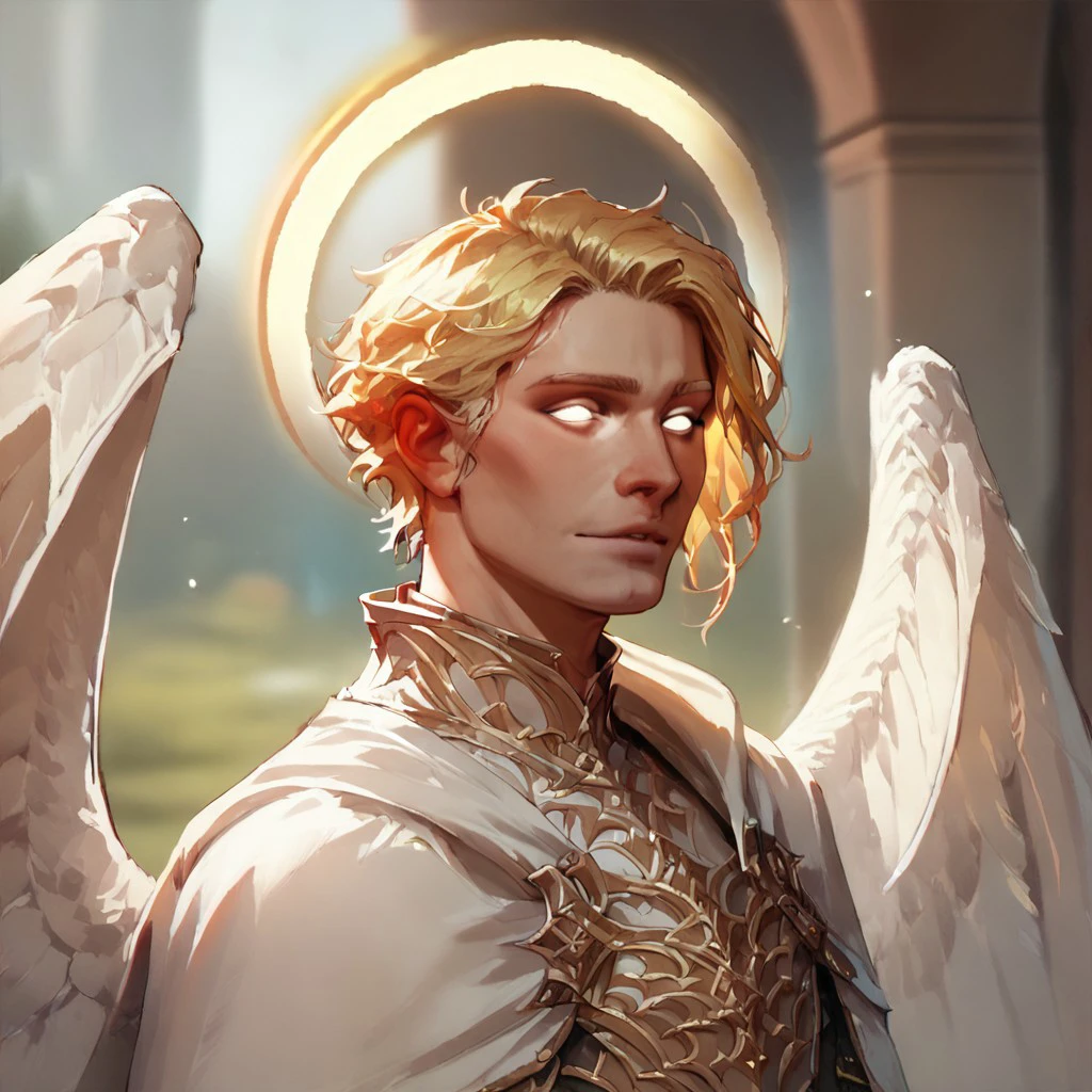 (((detailed, beautiful, high quality))), upper Body, score_9, score_8_up, score_7_up,
aasimar_protector, white eyes, wings, halo, 1male, blond hair, white cape, white shirt,
looking at the viewer, posing, blurred background, blurred fantasy background,