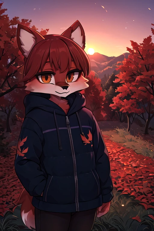 (masterpiece), daigaijindigitalStyle, 1anthro, fox, forest, autumn, leaves, sunset, peaceful, solo, fur, brown fur, red fur, clothed, jacket, looking at viewer, hi res