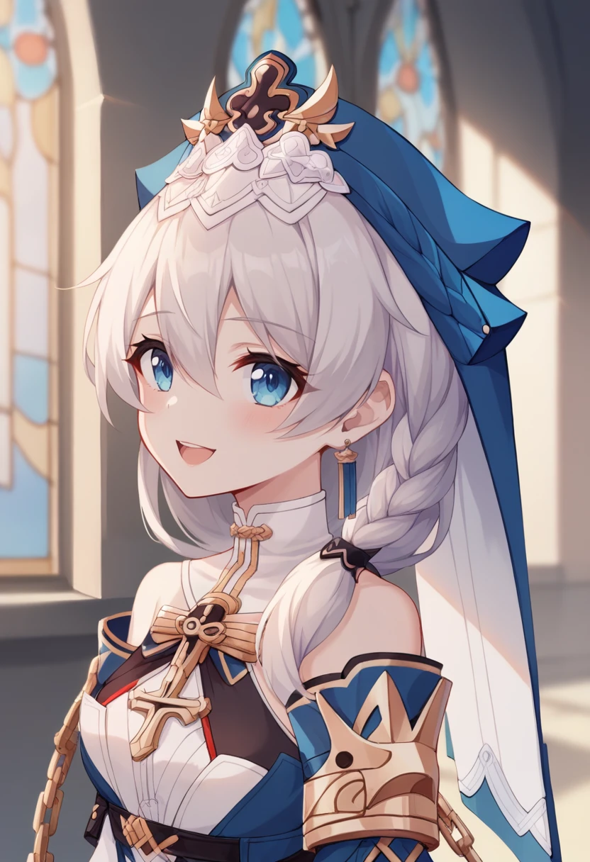 score_9,score_8_up,score_7_up,score_6_up,
<lora:Honkai3_DLS_pony:1>,Honkai_TA,white hair,looking at viewer,bangs,blue eyes,white gloves,braid,blue dress,detached sleeves,white veil,chain,upper_body,white_pantyhose,light smile,:D,open mouth,indoor,church,crystal windows,look to the lens,